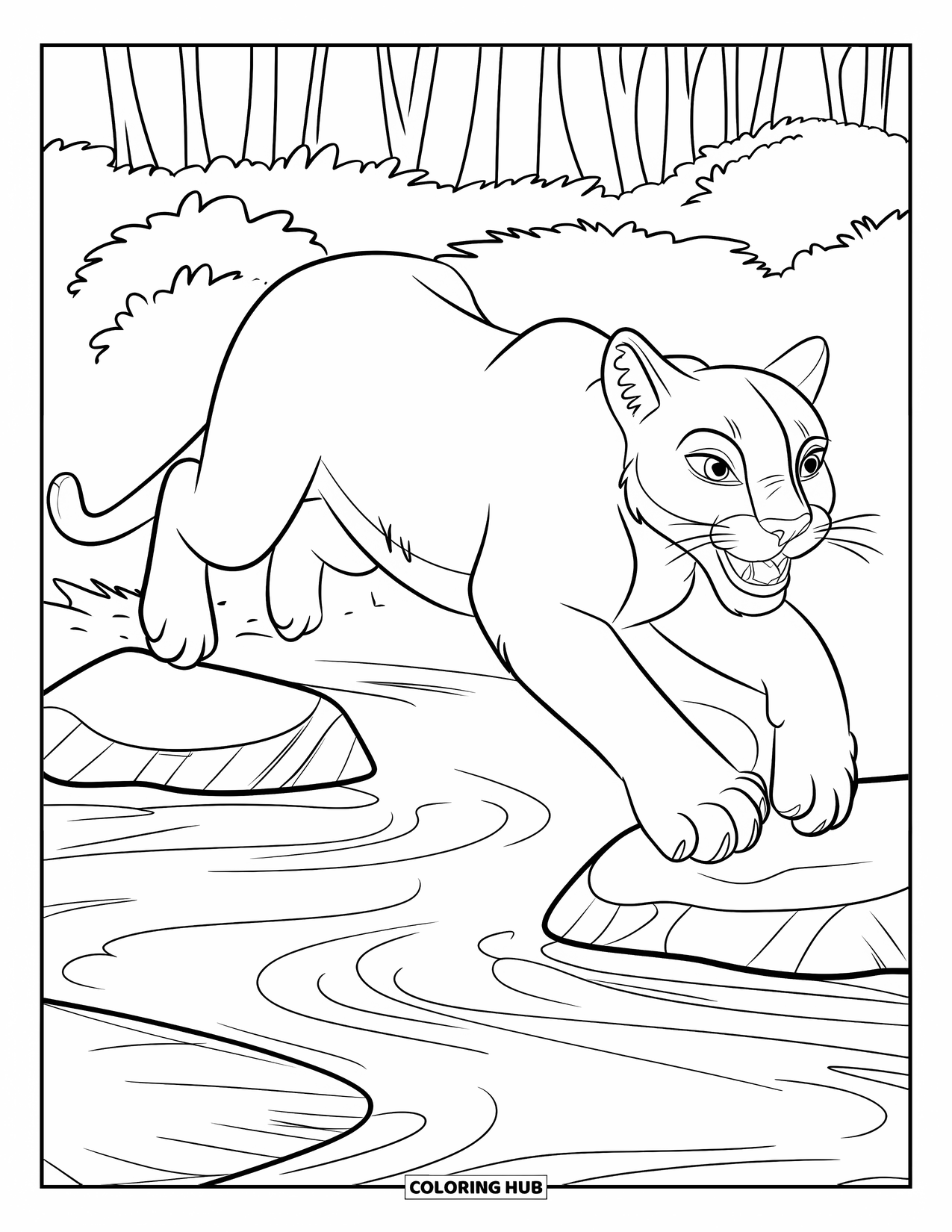 Mountain Lion Coloring Page for Kids: A mountain lion leaps across river rocks with sharp claws out