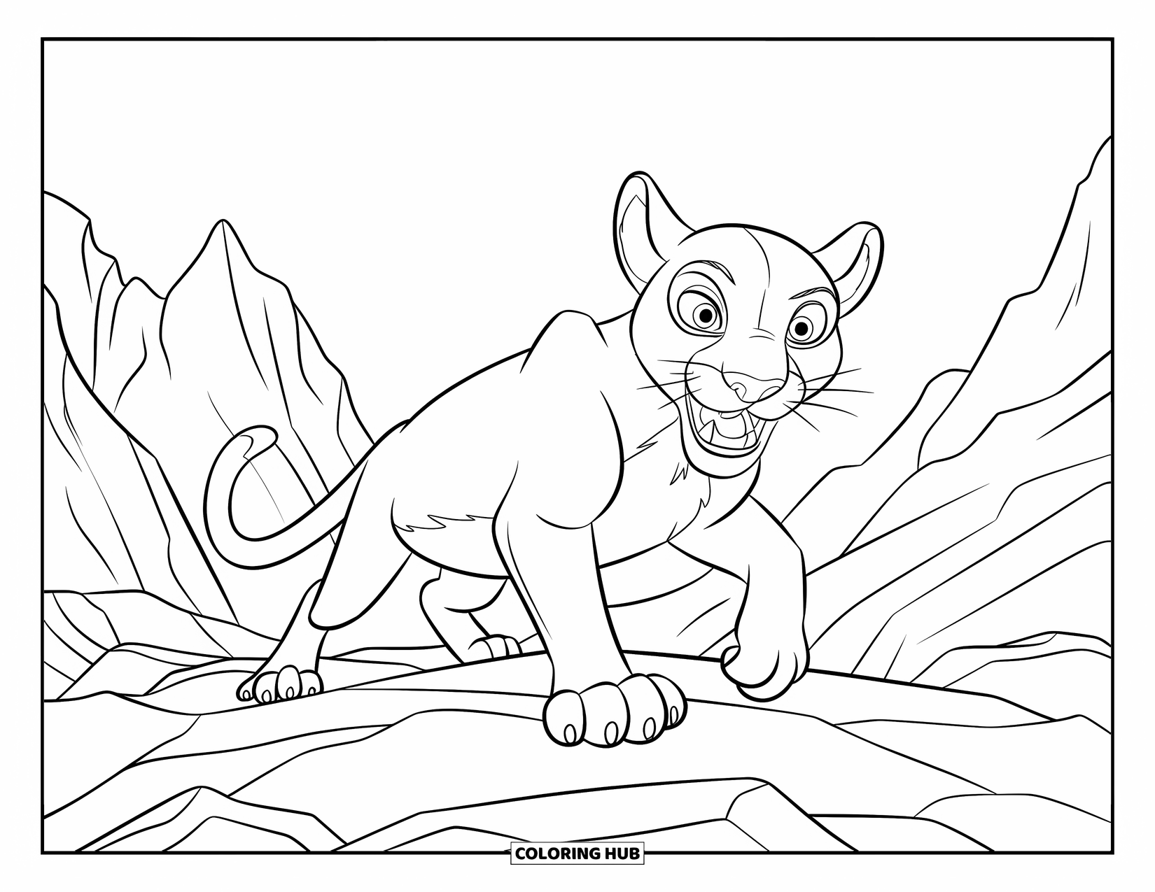 Mountain Lion Coloring Page for Kids: A mountain lion leaps mid-air over jagged alpine rocks and clear sky