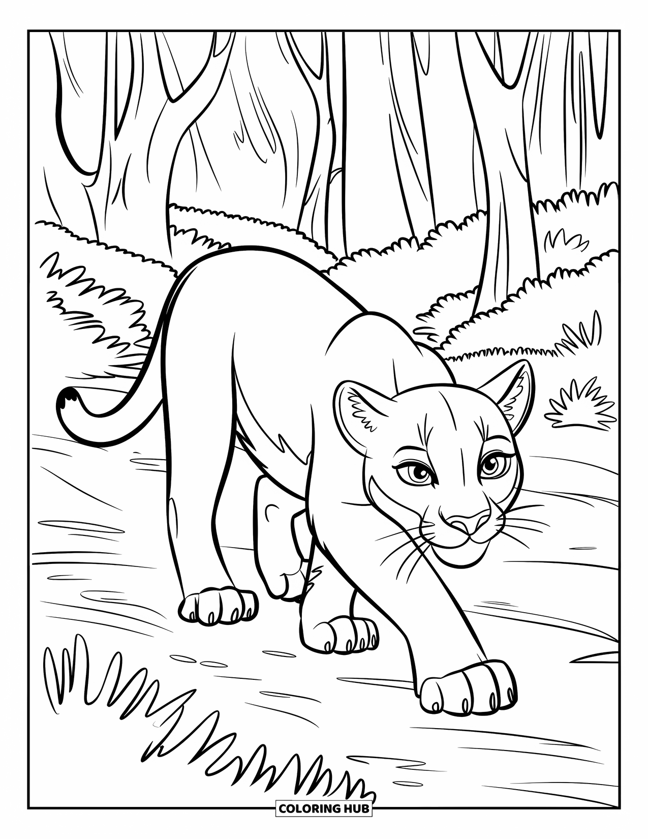 Mountain Lion Coloring Page for Kids: A mountain lion prowls through the trees with shrubs all around