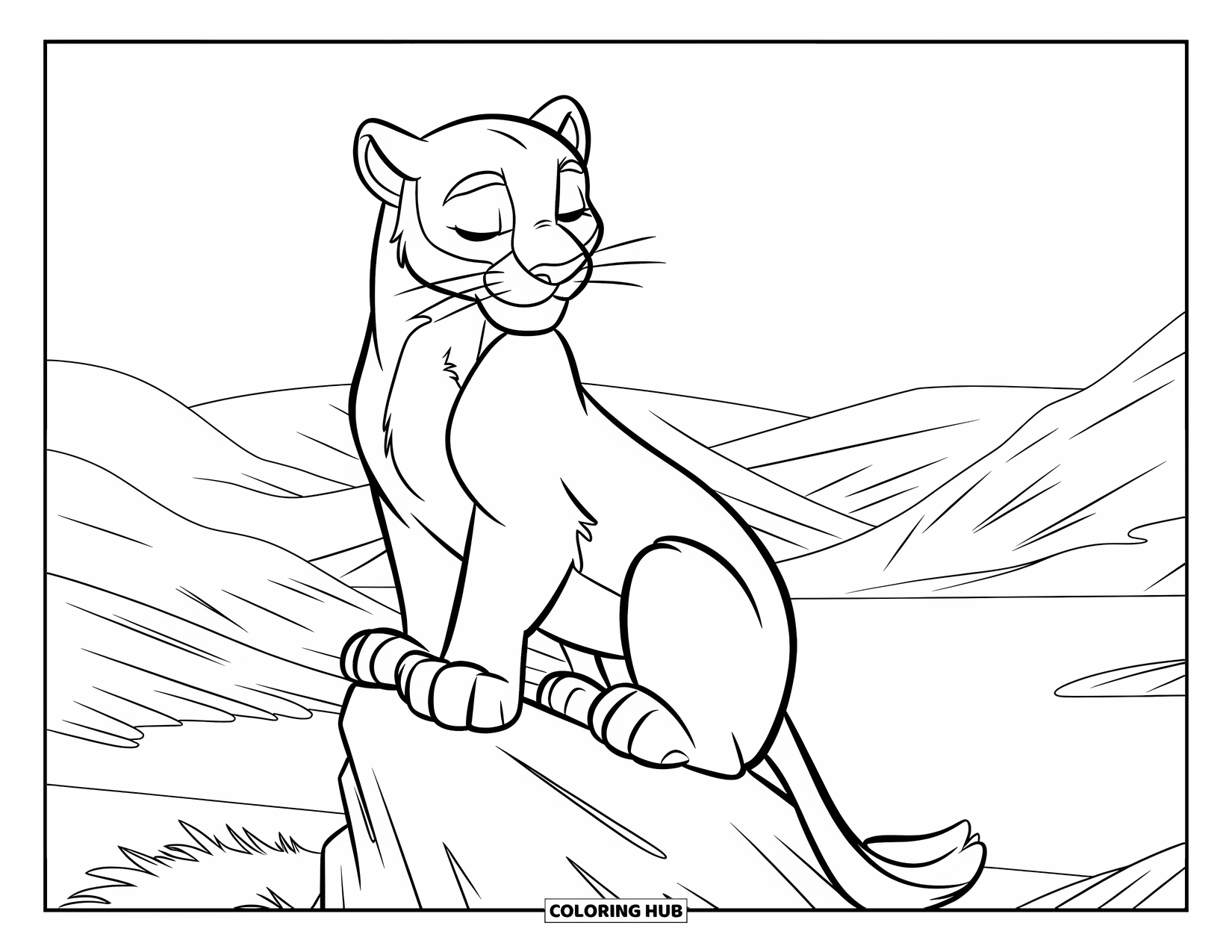 Mountain Lion Coloring Page for Kids: A peaceful mountain lion stands on a high rock, basking in the sun
