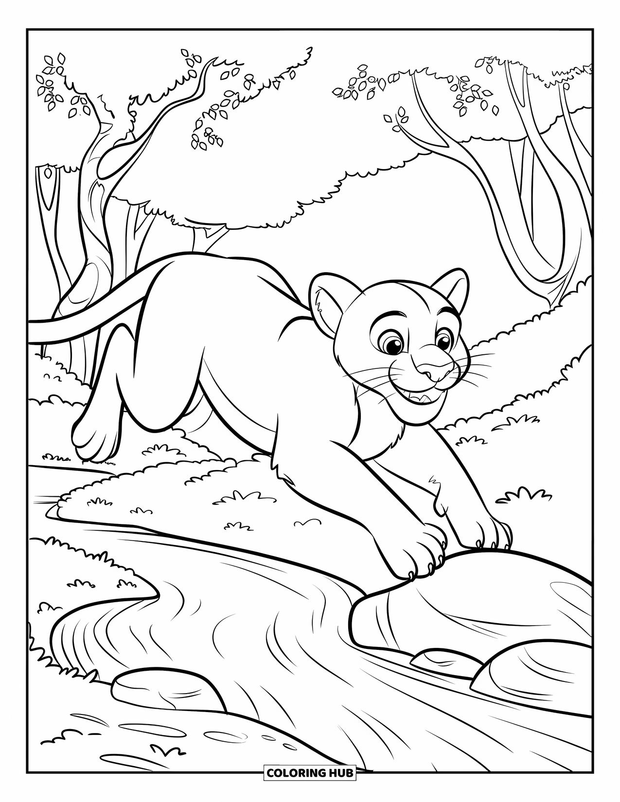 Mountain Lion Coloring Page for Kids: A playful lion leaps wide-eyed across a river in a tree-filled forest