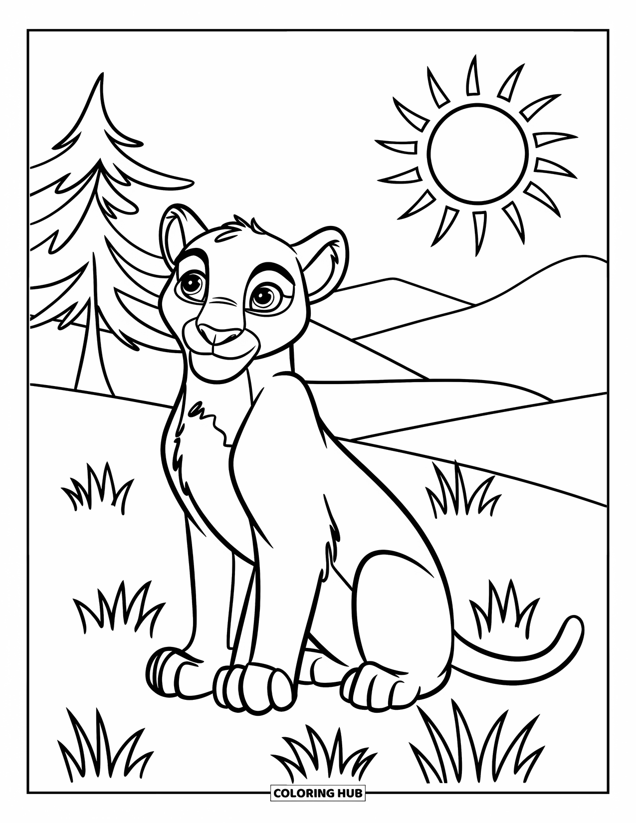 Mountain Lion Coloring Page for Kids: A relaxed lion sits in a sunny meadow beside one tree and a flower