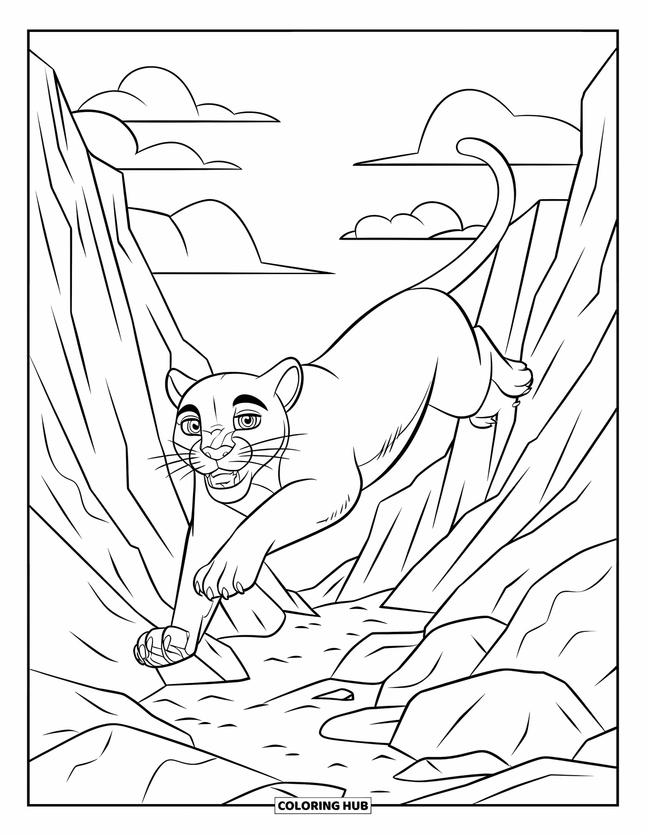 Mountain Lion Coloring Page for Kids: A roaring lion jumps in a canyon beneath fluffy clouds and rocky walls