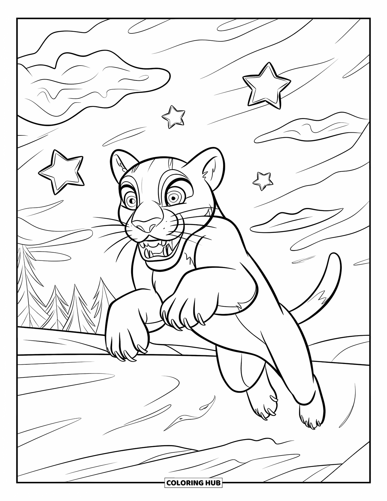 Mountain Lion Coloring Page for Kids: A roaring lion jumps joyfully through the clouds with stars nearby
