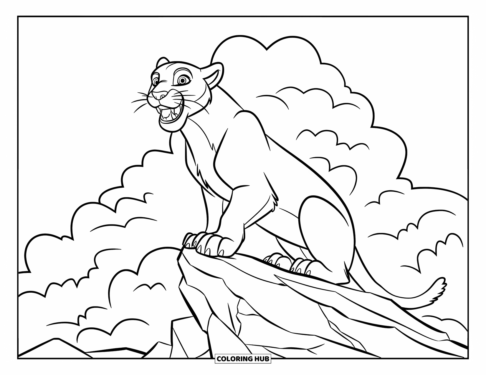 Mountain Lion Coloring Page for Kids: A roaring lion sits on a rocky peak beneath drifting clouds