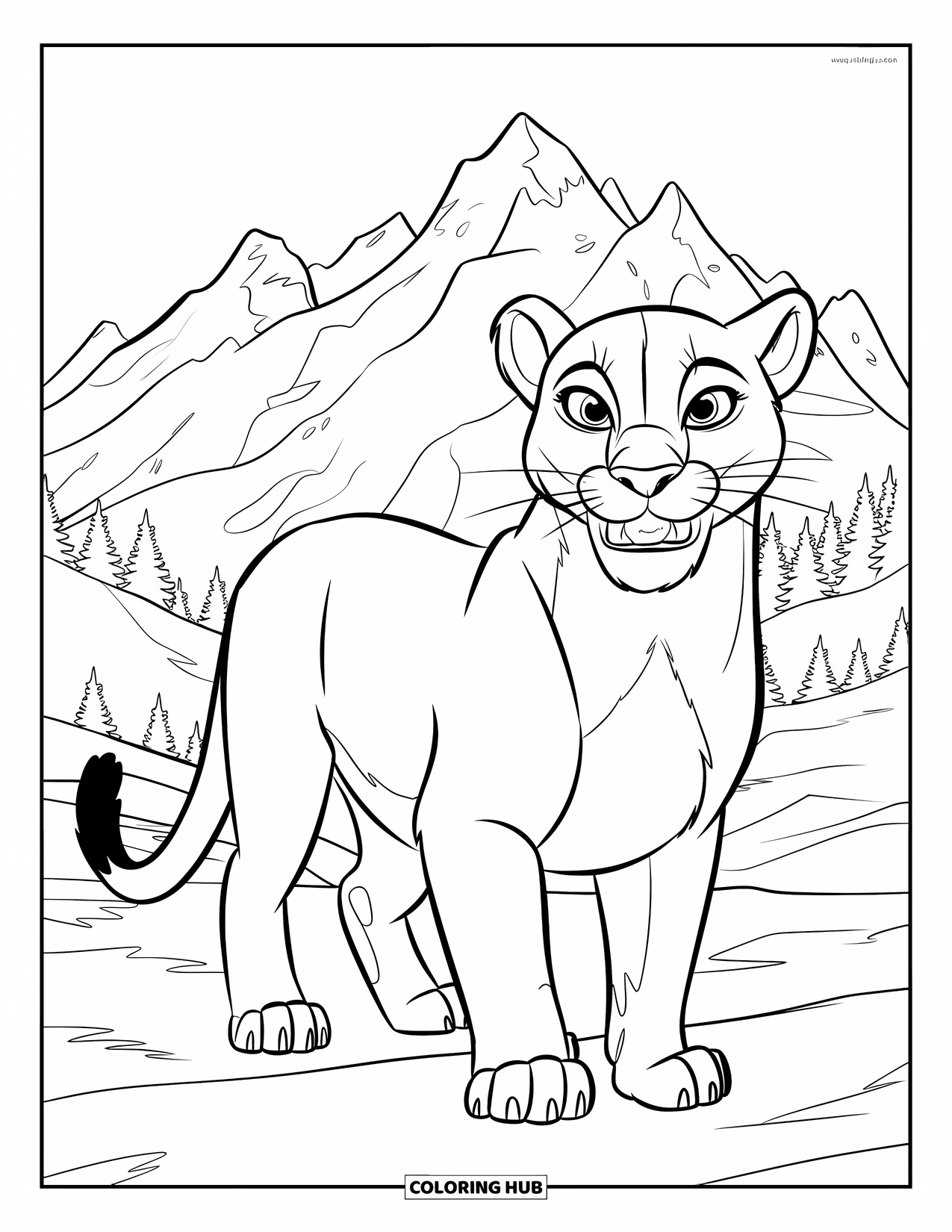Mountain Lion Coloring Page for Kids: A roaring lion stands boldly in front of a mountain range with trees