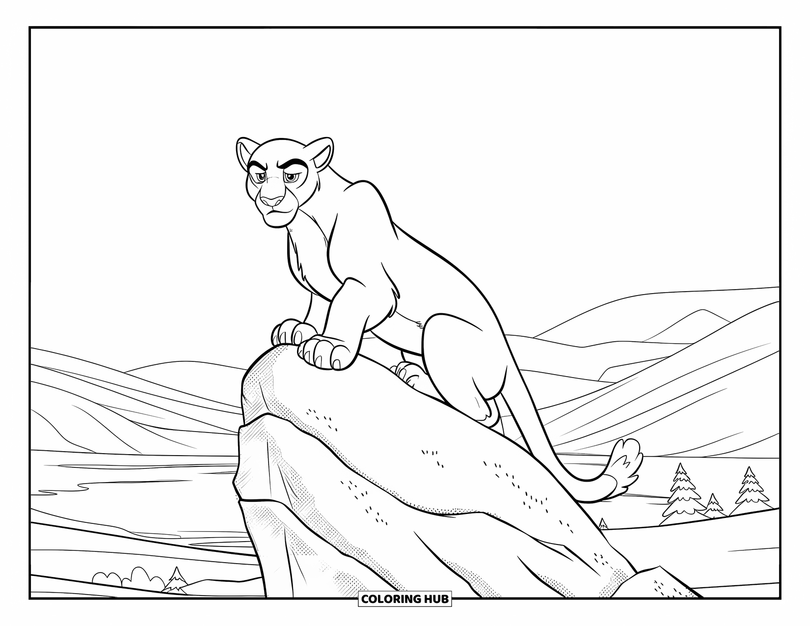 Mountain Lion Coloring Page for Kids: A serious lion perches on a rock above hills, trees, and a lake