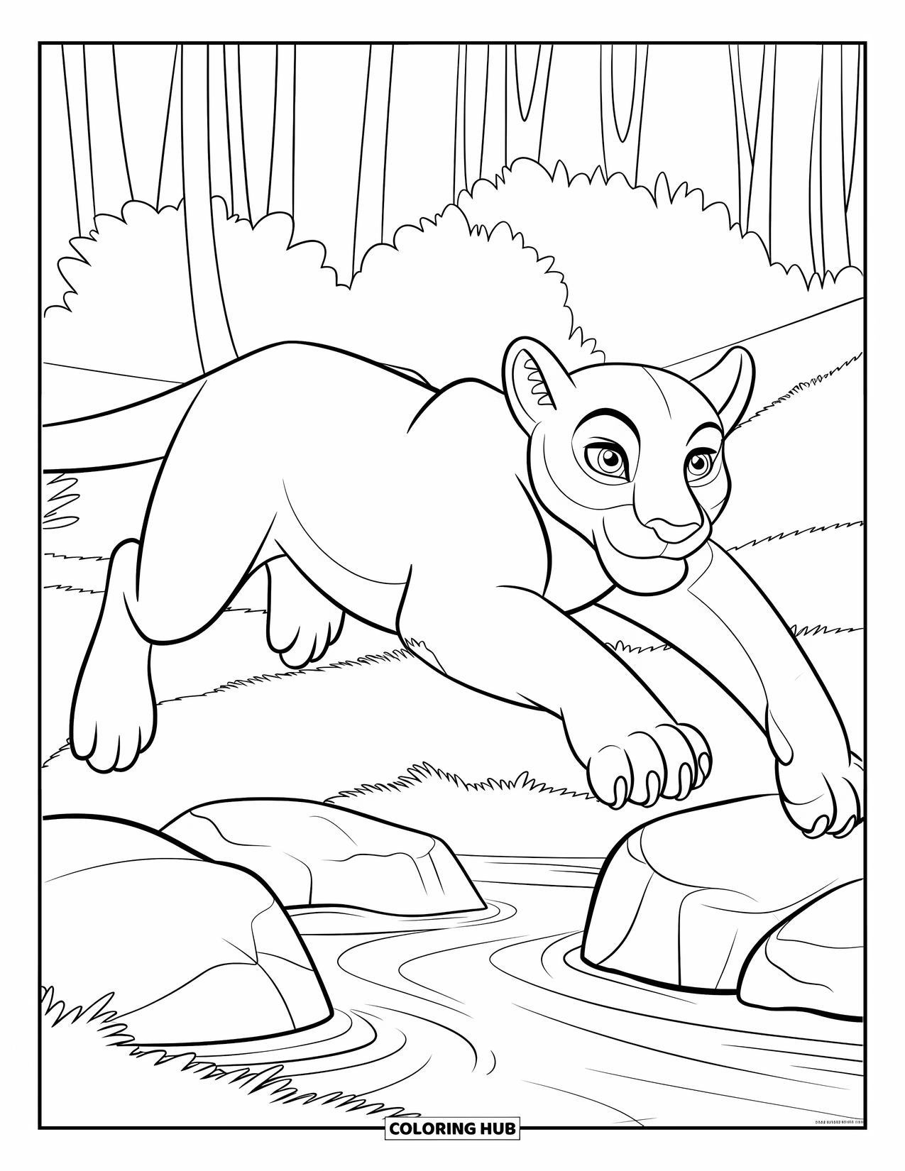 Mountain Lion Coloring Page for Kids: A sleek lion jumps over a river as trees rise in the distance