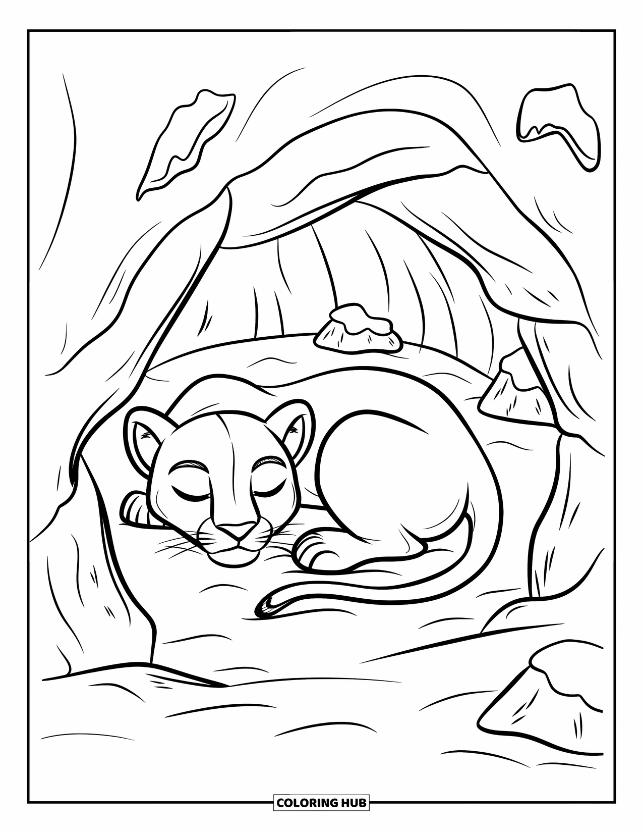 Mountain Lion Coloring Page for Kids: A sleeping lion rests inside a snowy cave with rocks and peaceful views