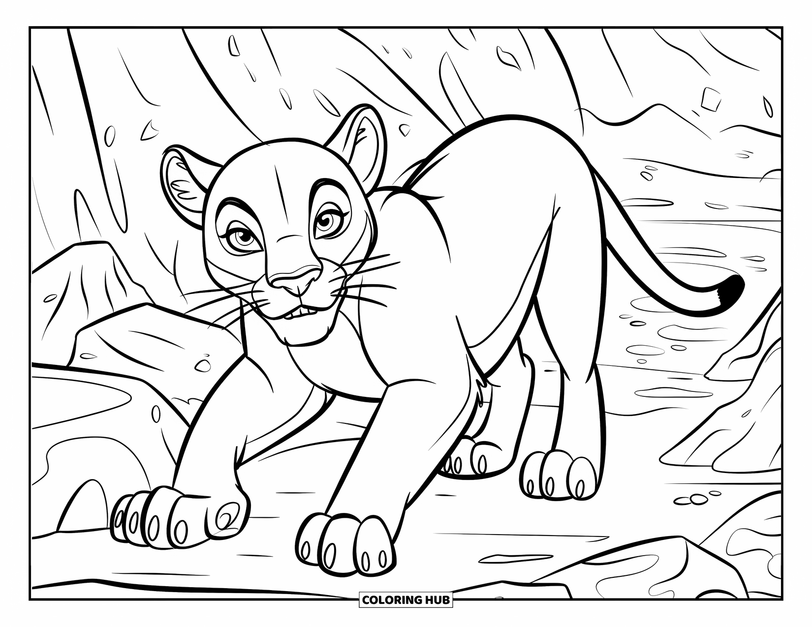 Mountain Lion Coloring Page for Kids: A smiling mountain lion leaps through rugged boulders in the alpine wild