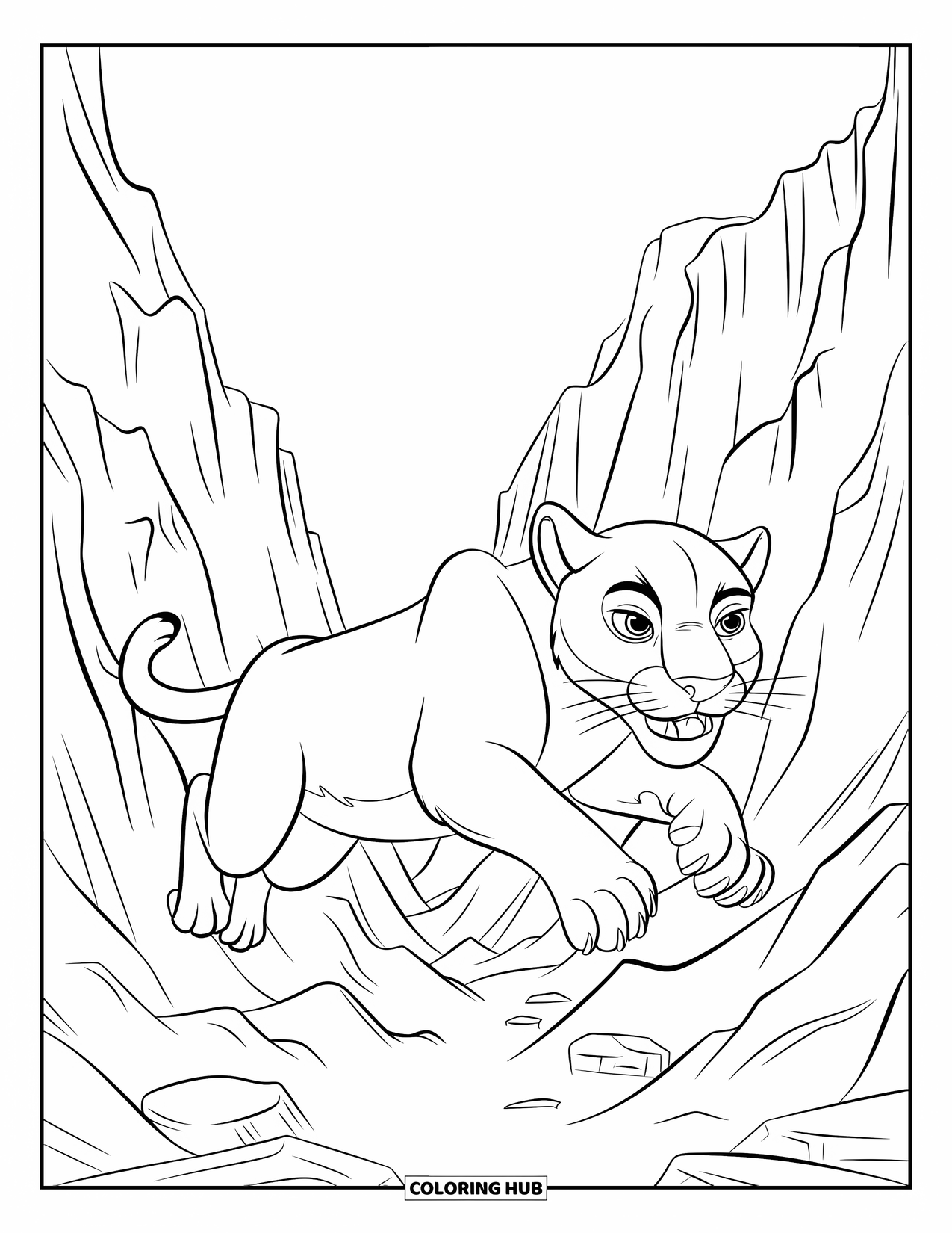 Mountain Lion Coloring Page for Kids: A strong mountain lion leaps across canyon rocks with a fierce, focused look