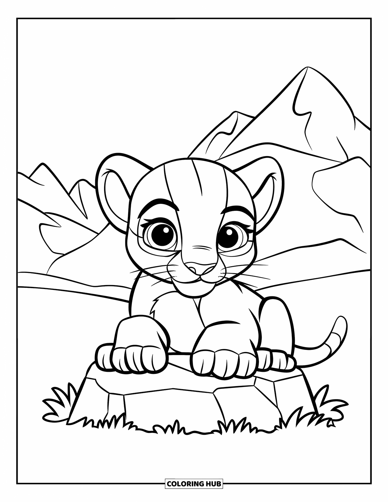 Mountain Lion Coloring Page for Kids: A sweet baby lion sits on a rock with mountains behind and sky above