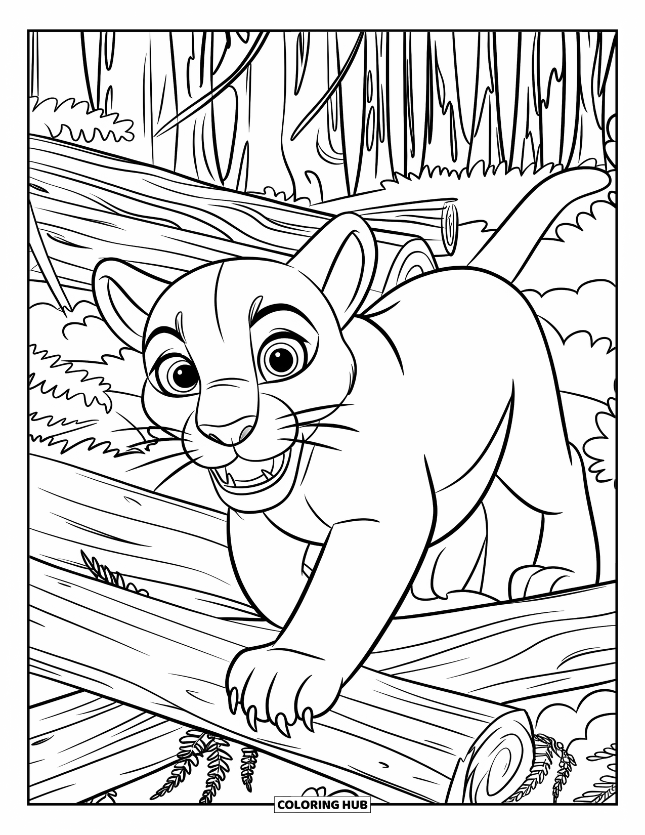 Mountain Lion Coloring Page for Kids: A wide-eyed lion walks across forest floor with ferns and tall trees