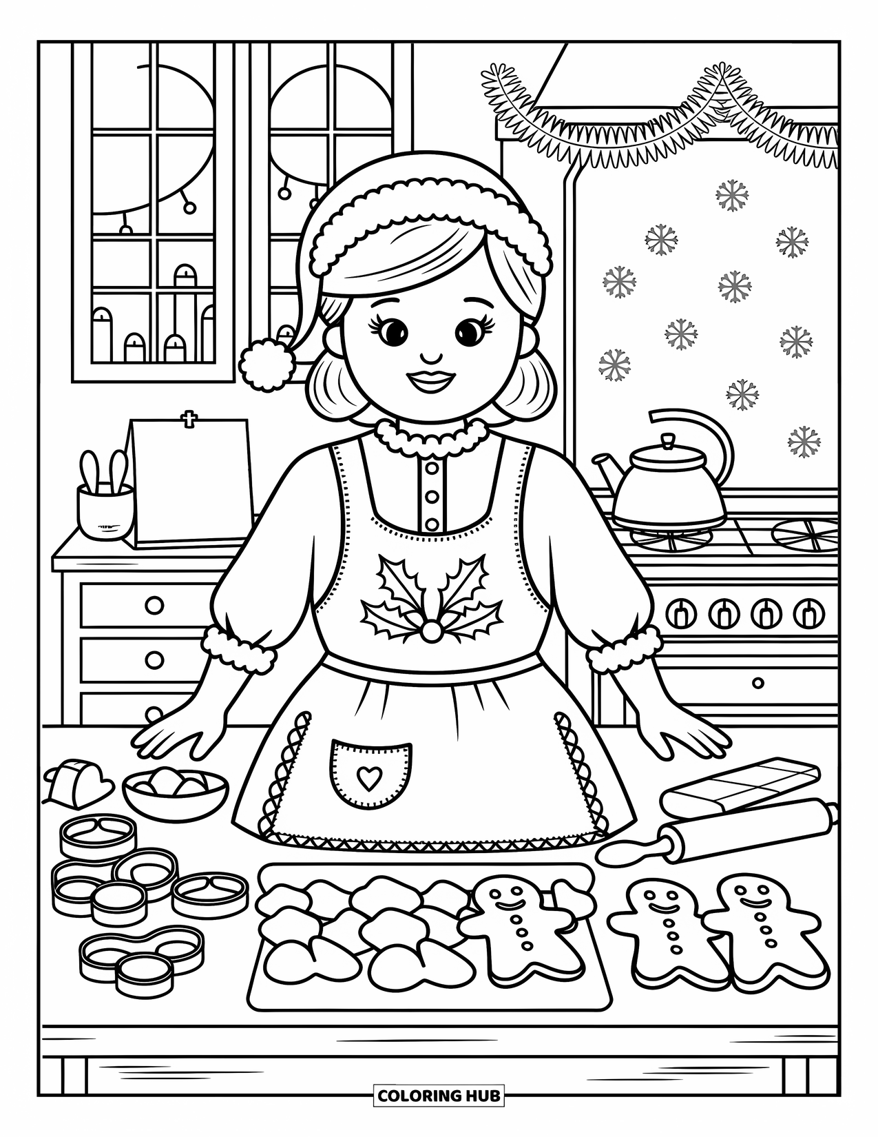Mrs. Claus Coloring Page for Adults: Mrs. Claus bakes gingerbread men in a festive kitchen