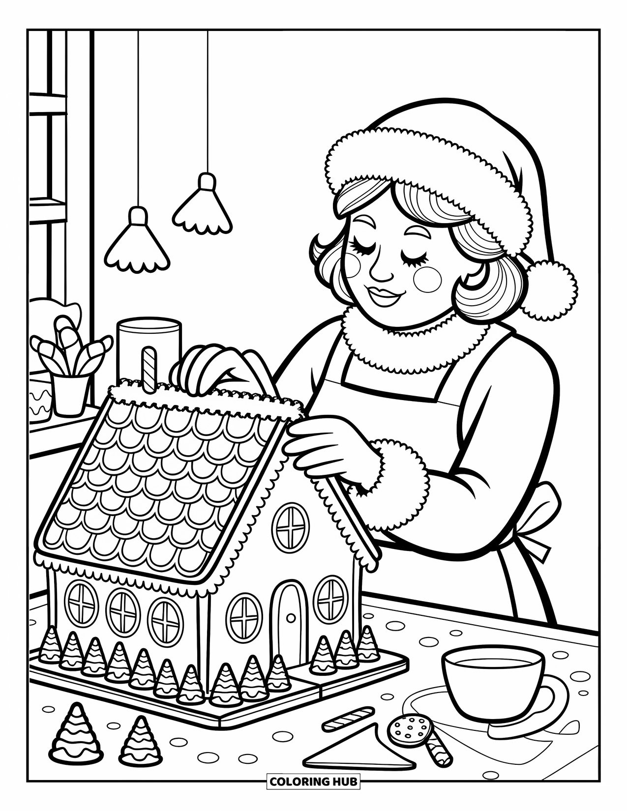 Mrs. Claus Coloring Page for Adults: Mrs. Claus carefully ices a gingerbread roof with peppermint candy
