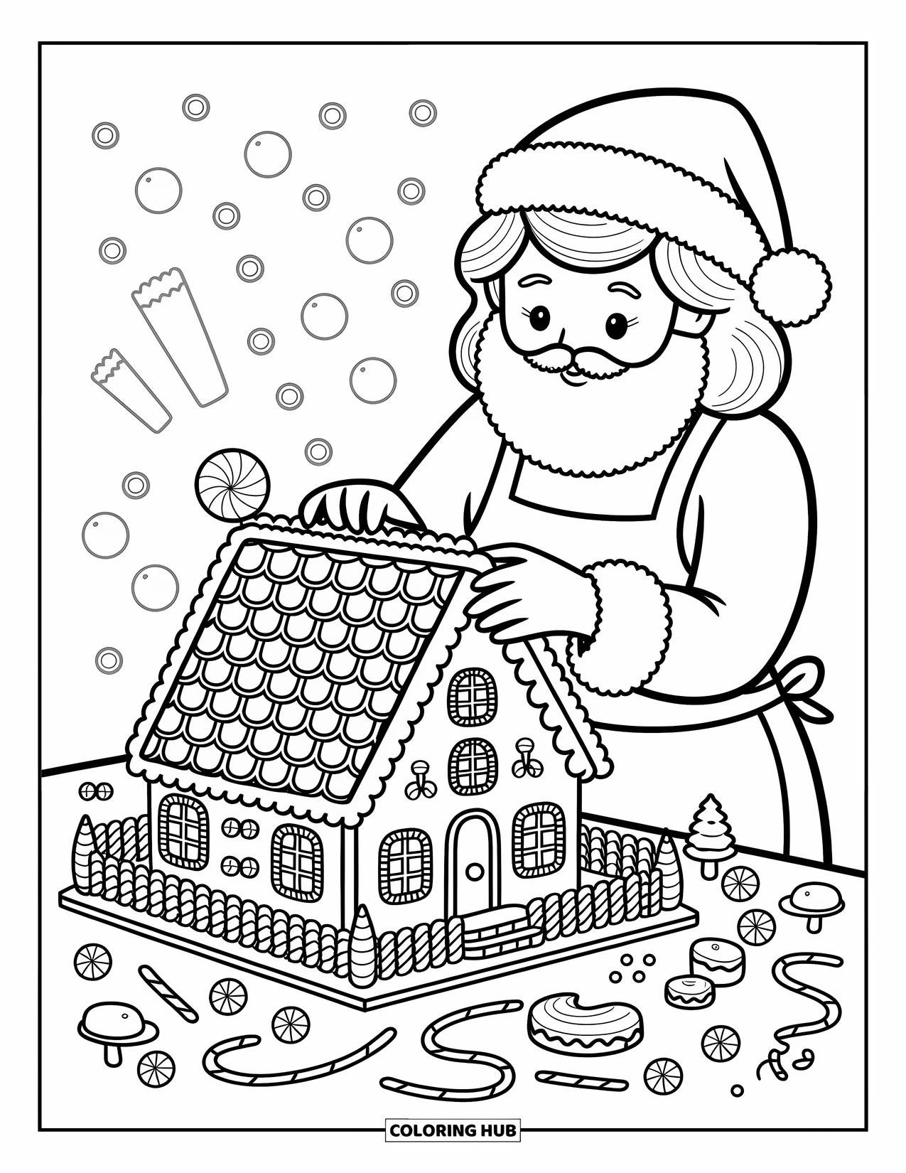 Mrs. Claus Coloring Page for Adults: Mrs. Claus decorates a gingerbread house with frosting and candy