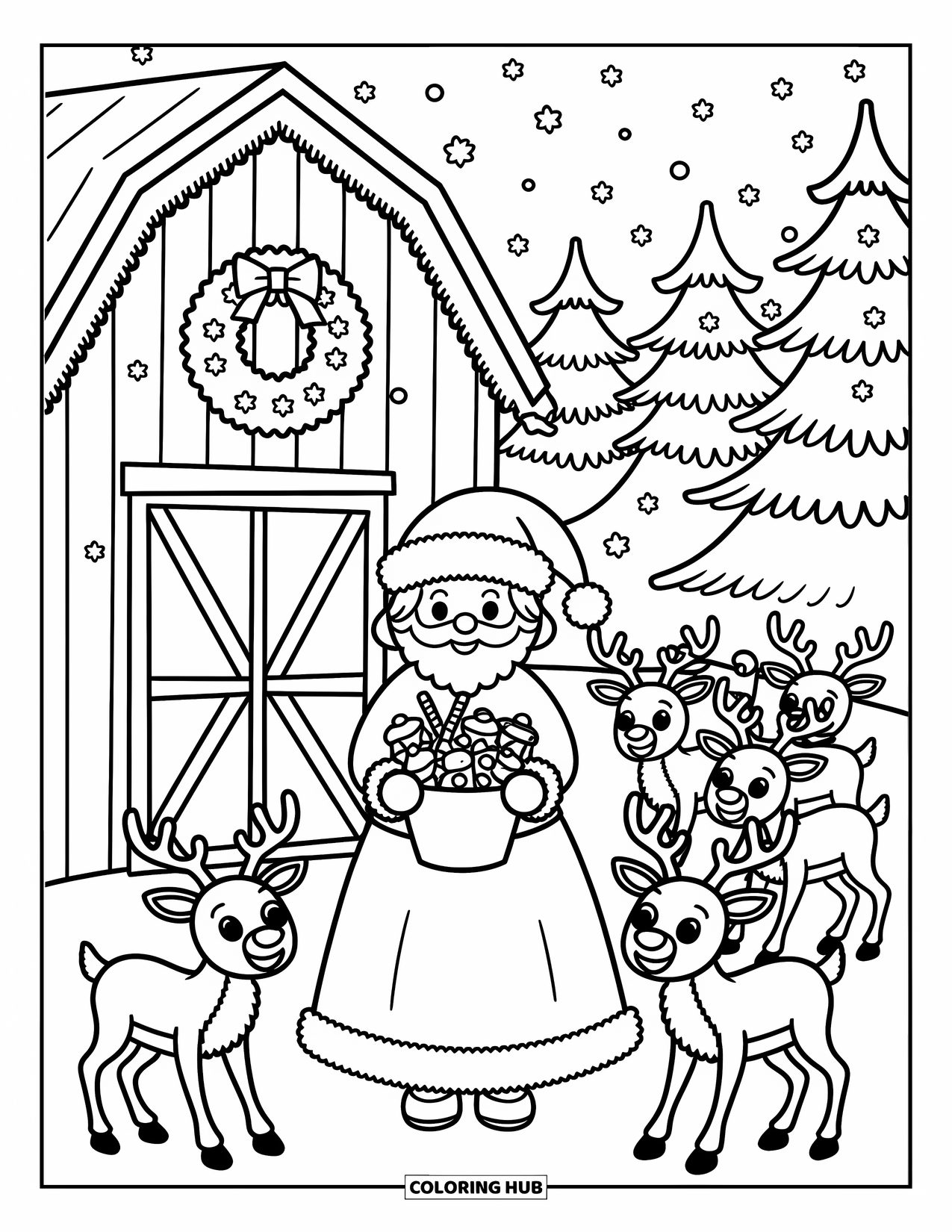 Mrs. Claus Coloring Page for Adults: Mrs. Claus feeds cheerful reindeer in the snowy woods