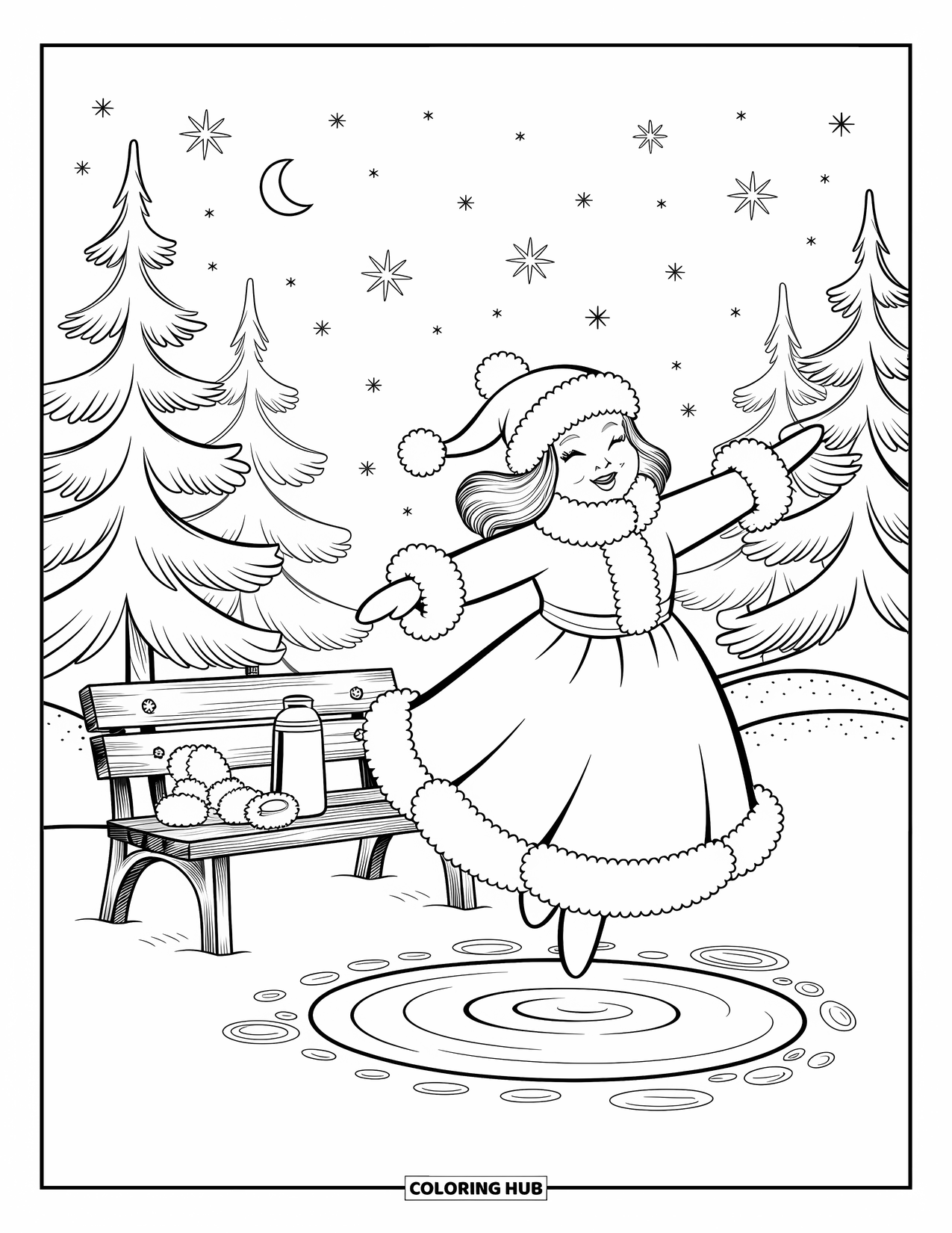Mrs. Claus Coloring Page for Adults: Mrs. Claus glides across the ice under stars and moonlight