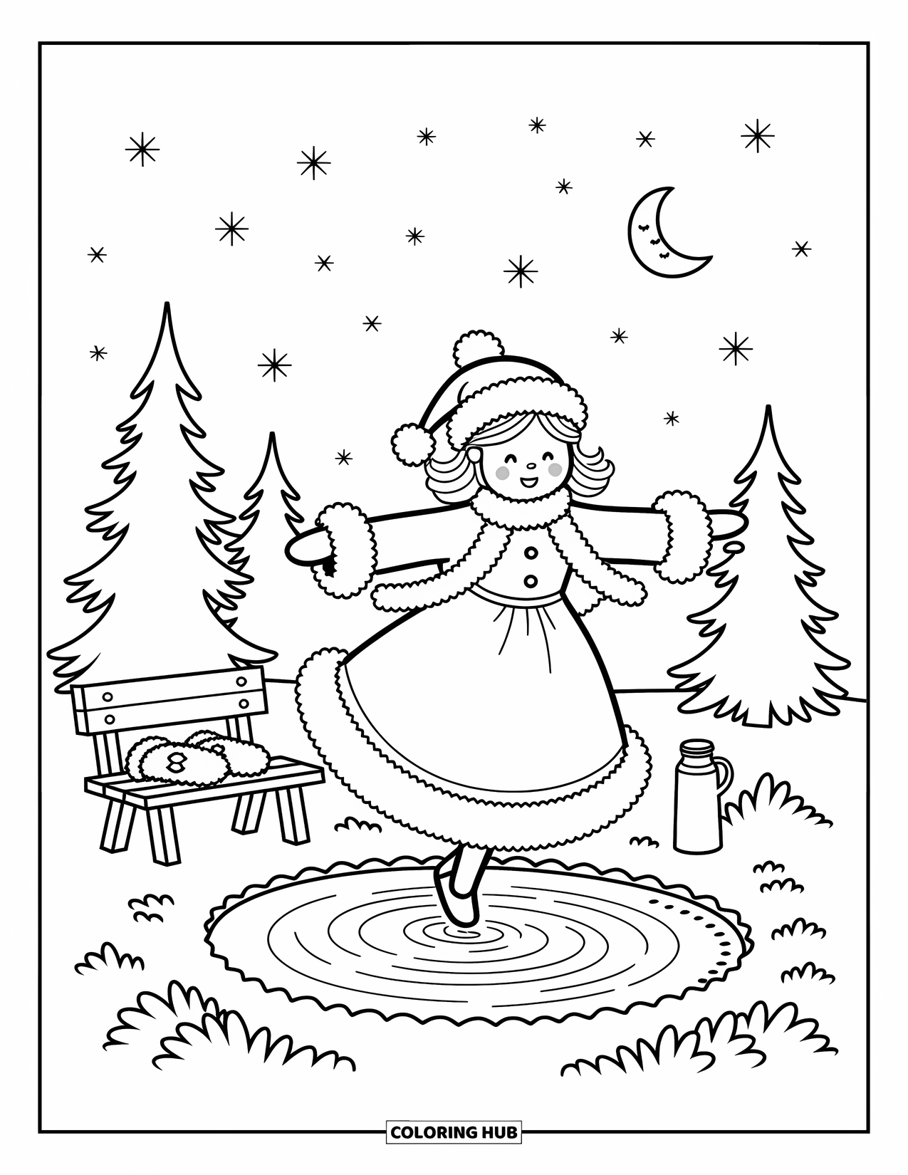 Mrs. Claus Coloring Page for Adults: Mrs. Claus ice skates joyfully on a frozen pond