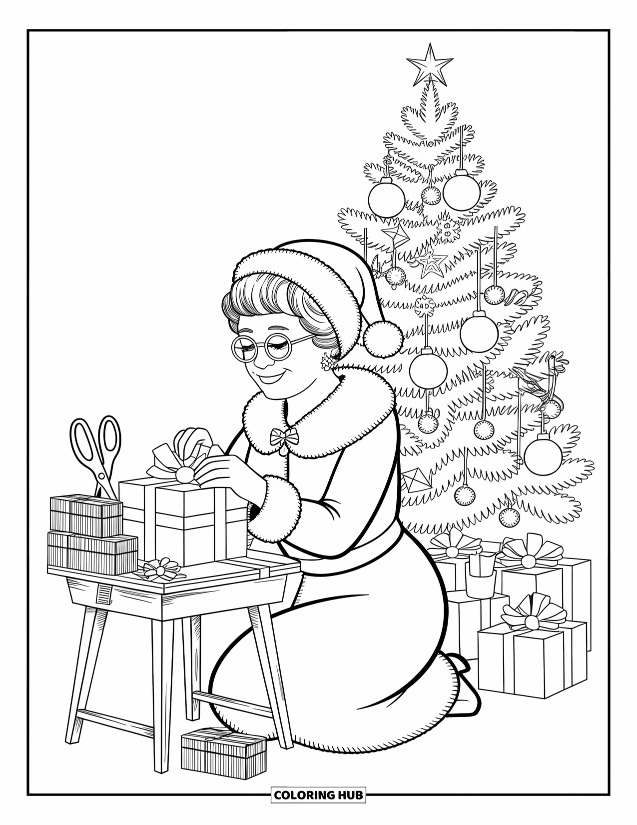 Mrs. Claus Coloring Page for Adults: Mrs. Claus kneels to wrap gifts with colorful ribbons