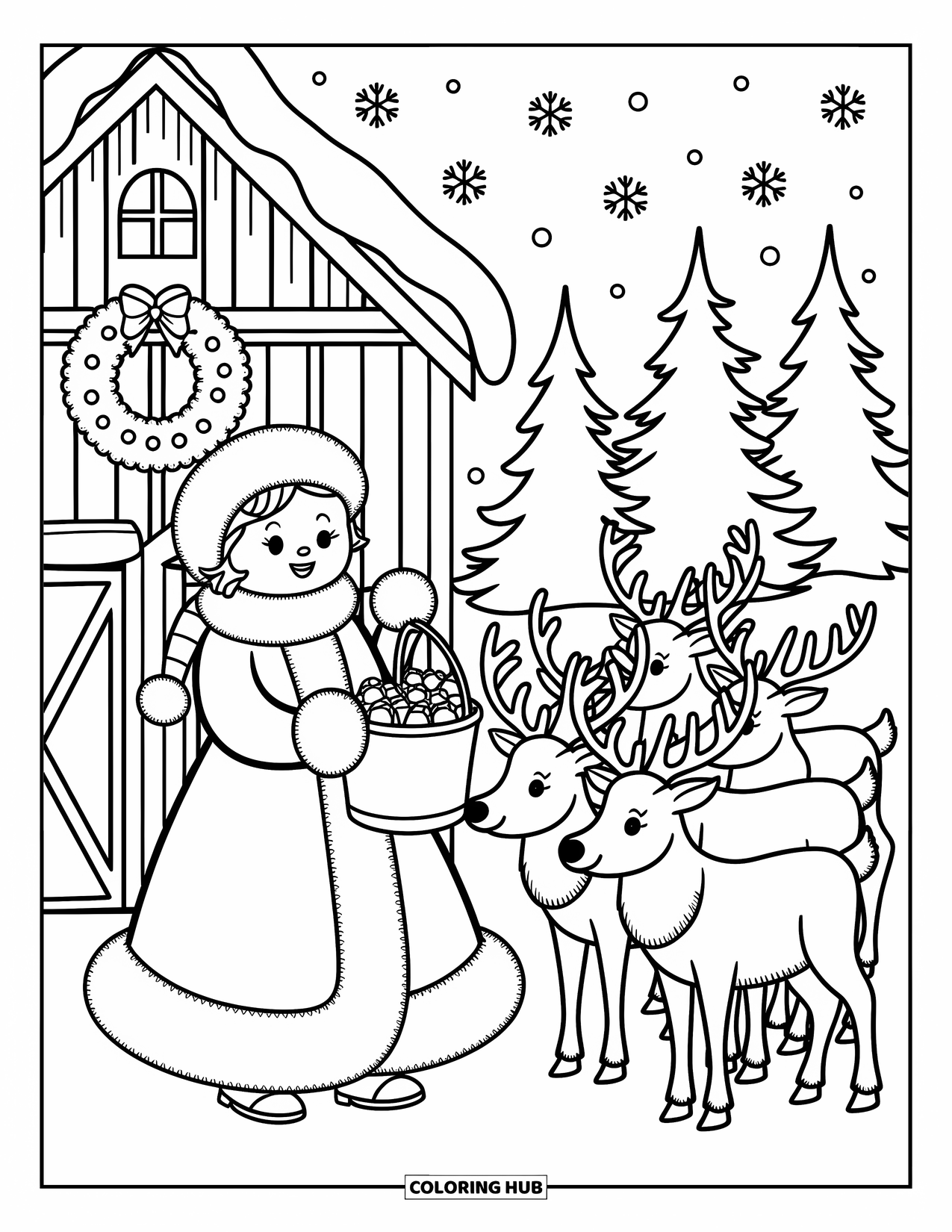Mrs. Claus Coloring Page for Adults: Mrs. Claus offers goodies to the reindeer near a wreath-covered barn