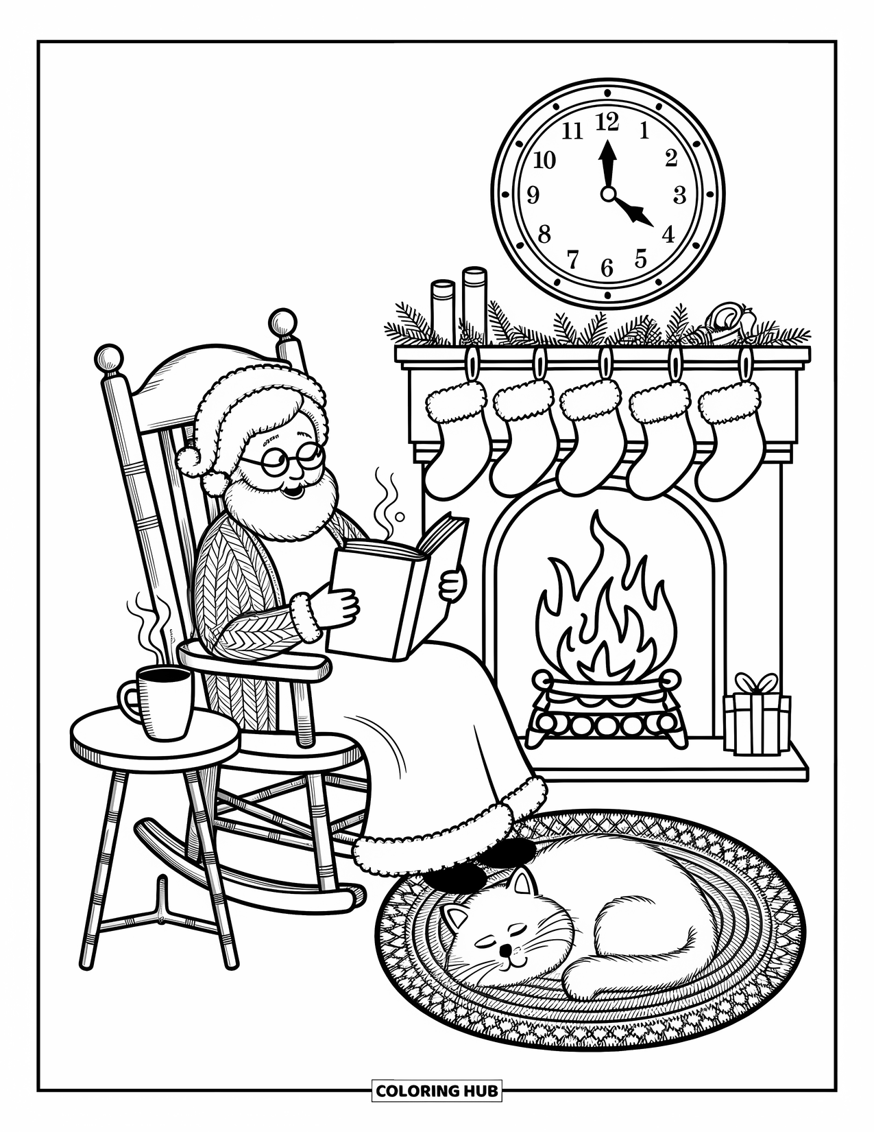 Mrs. Claus Coloring Page for Adults: Mrs. Claus reads a story beside a cozy fireplace