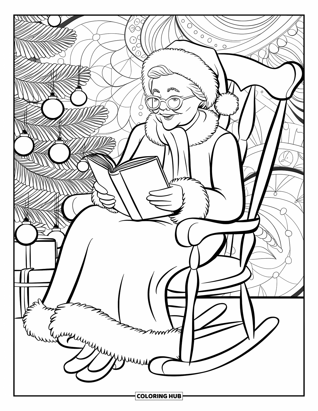 Mrs. Claus Coloring Page for Adults: Mrs. Claus reads by the tree with cozy swirls all around