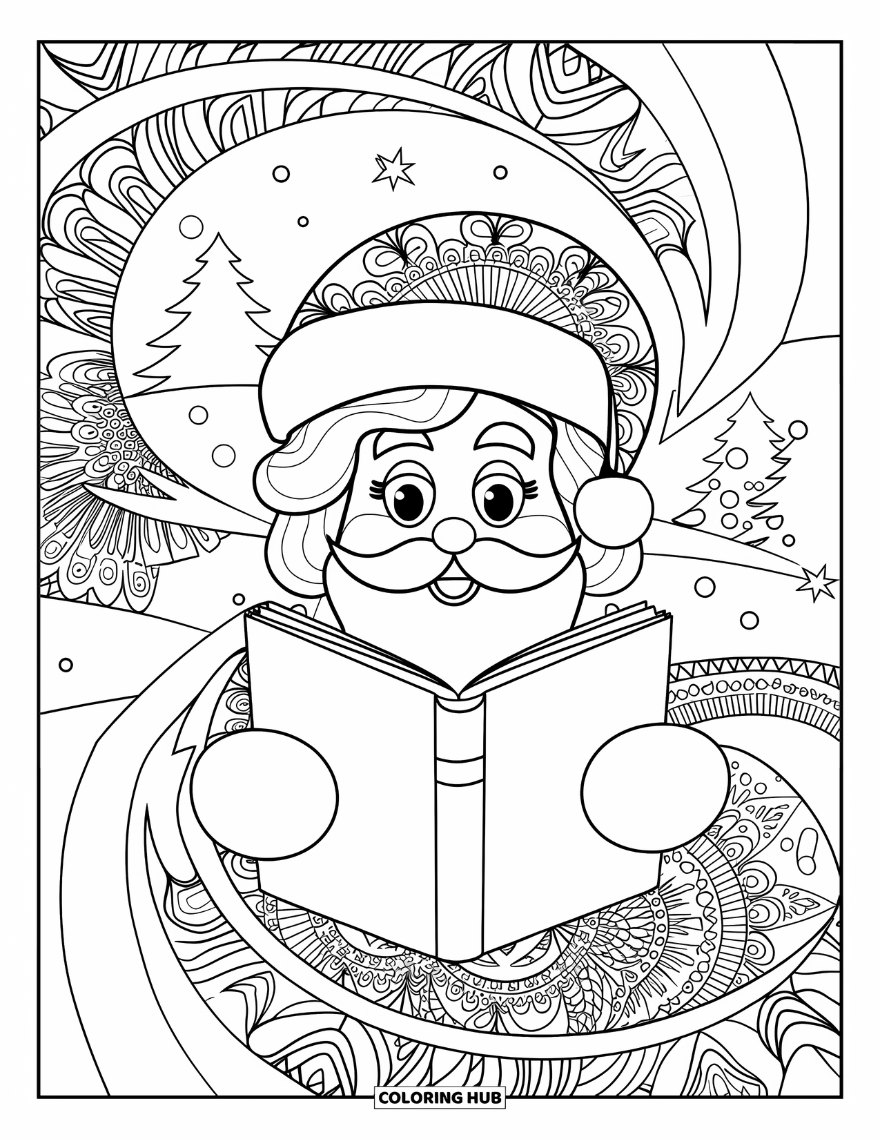 Mrs. Claus Coloring Page for Adults: Mrs. Claus reads peacefully among swirling holiday patterns