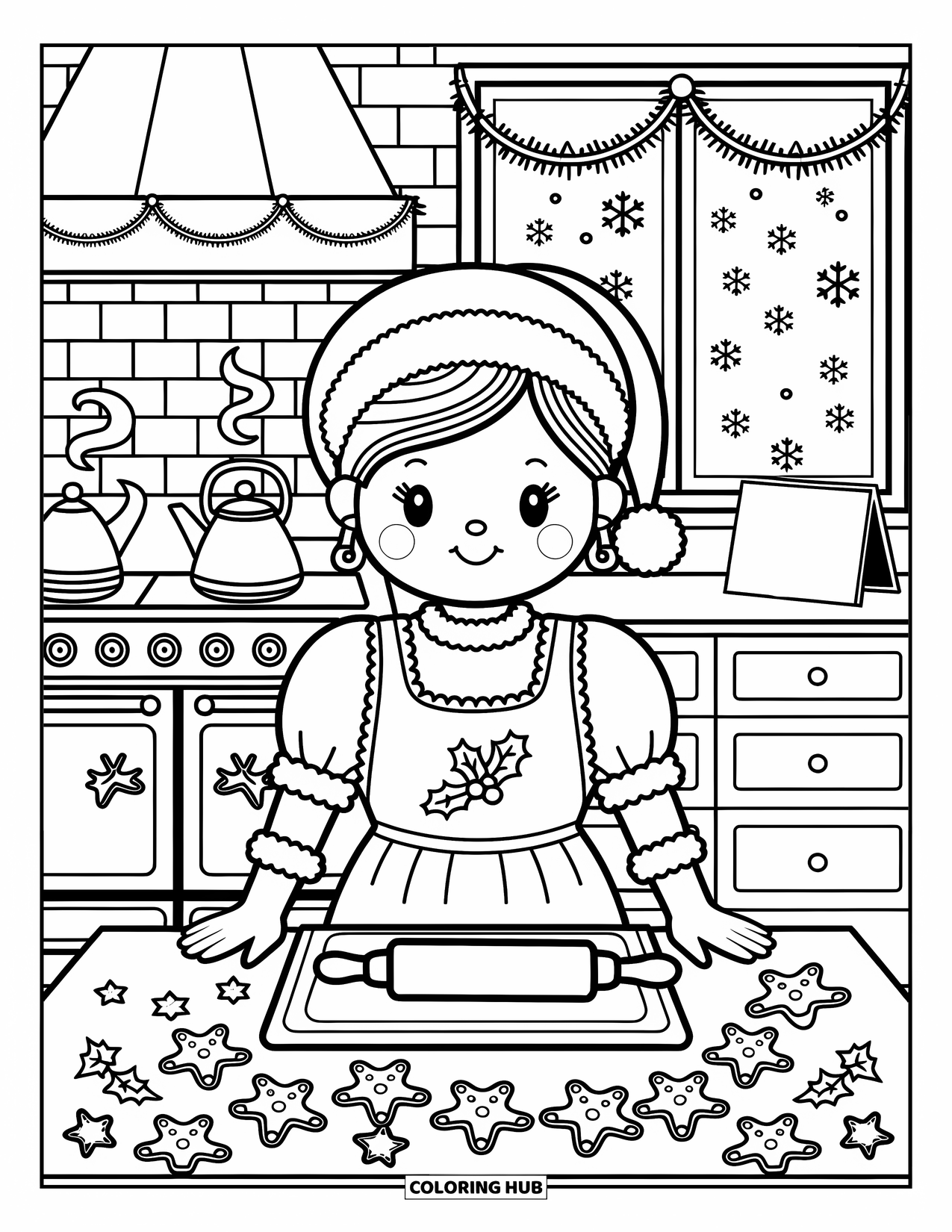 Mrs. Claus Coloring Page for Adults: Mrs. Claus rolls dough beside a steaming kettle and snowy window