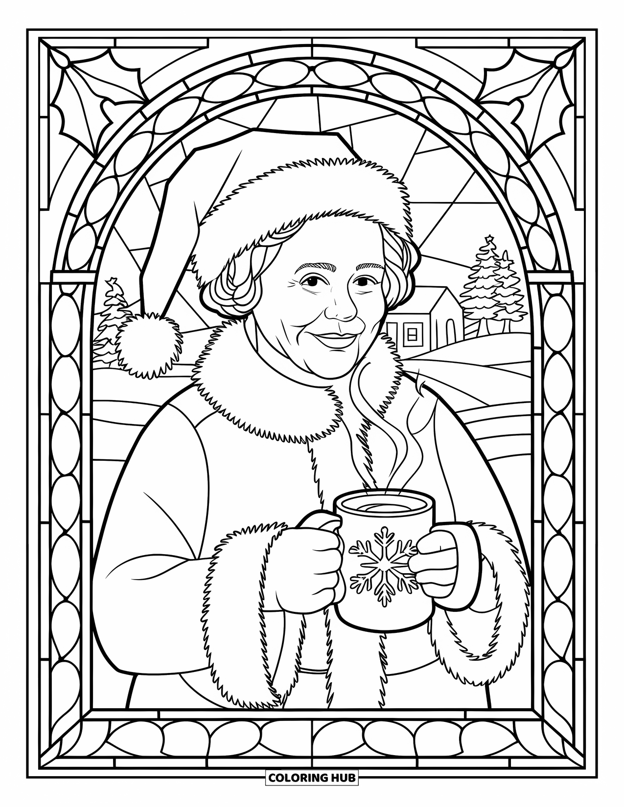 Mrs. Claus Coloring Page for Adults: Mrs. Claus sips cocoa with trees and houses outside