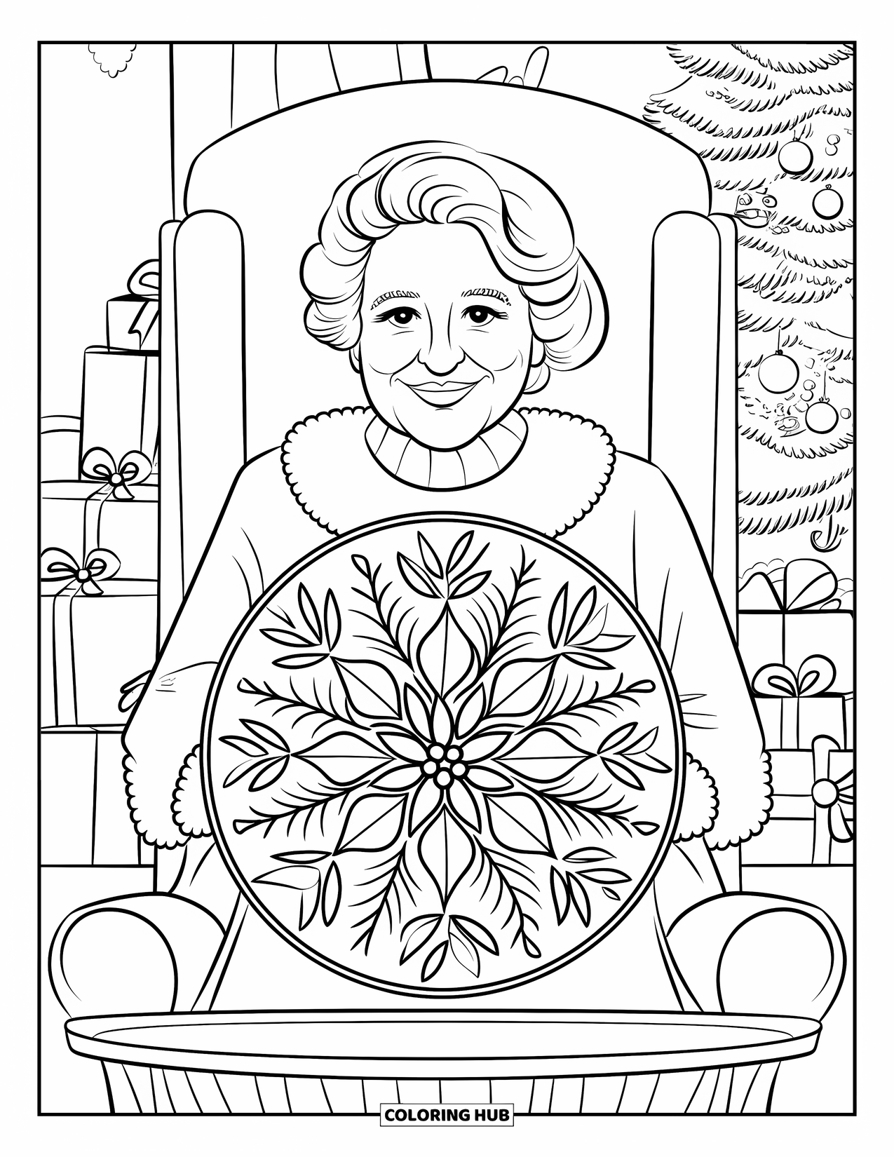 Mrs. Claus Coloring Page for Adults: Mrs. Claus sits by a wreath and tree in a cozy room