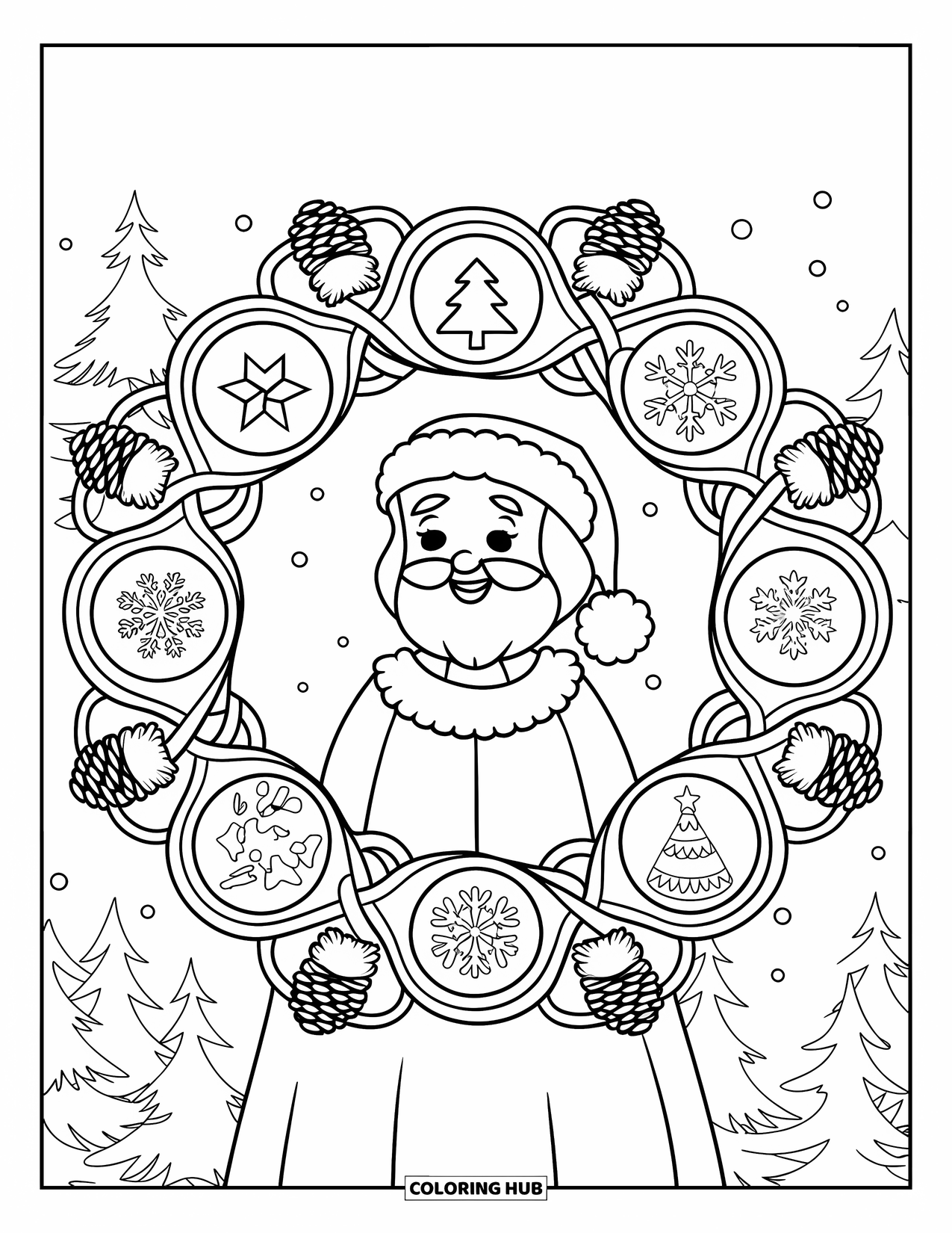 Mrs. Claus Coloring Page for Adults: Mrs. Claus smiles inside a festive wreath of ornaments and snowflakes