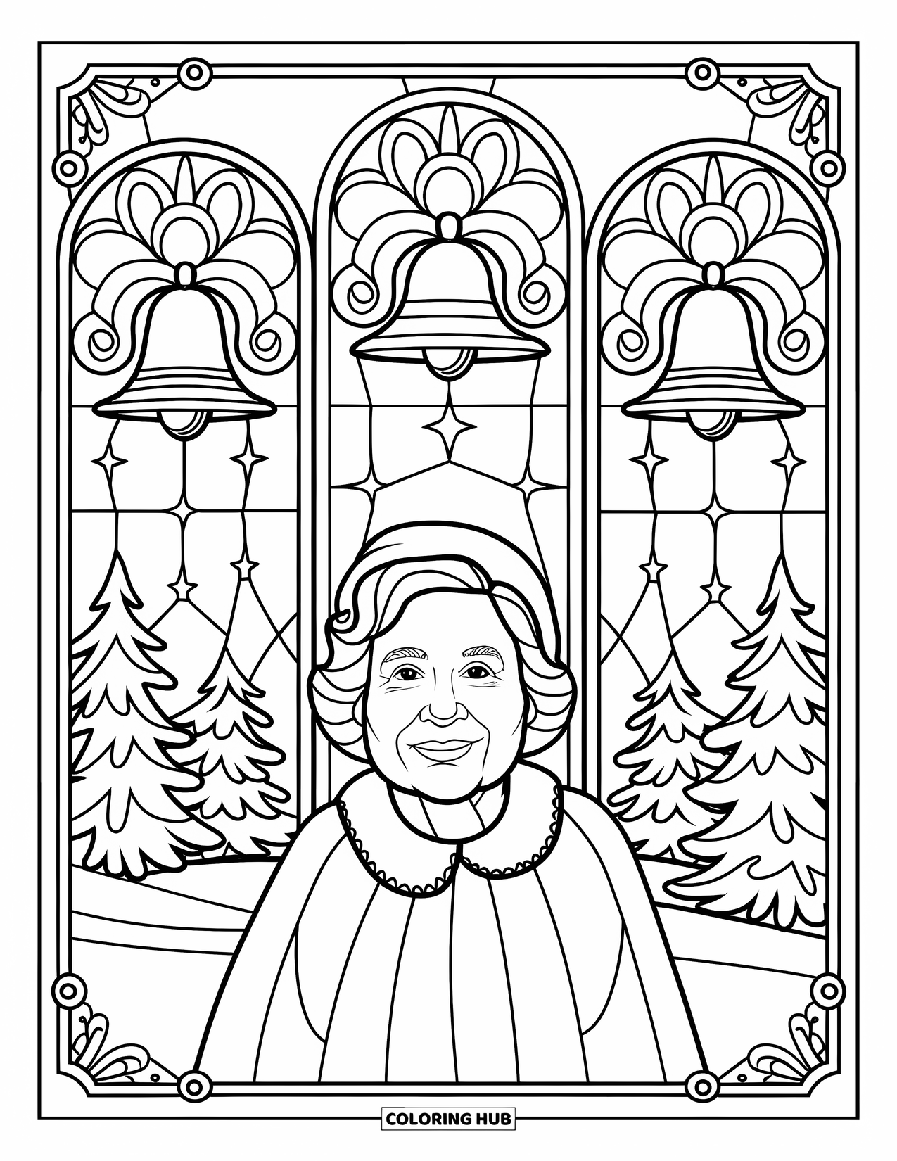 Mrs. Claus Coloring Page for Adults: Mrs. Claus smiles kindly in a snow-filled stained-glass scene