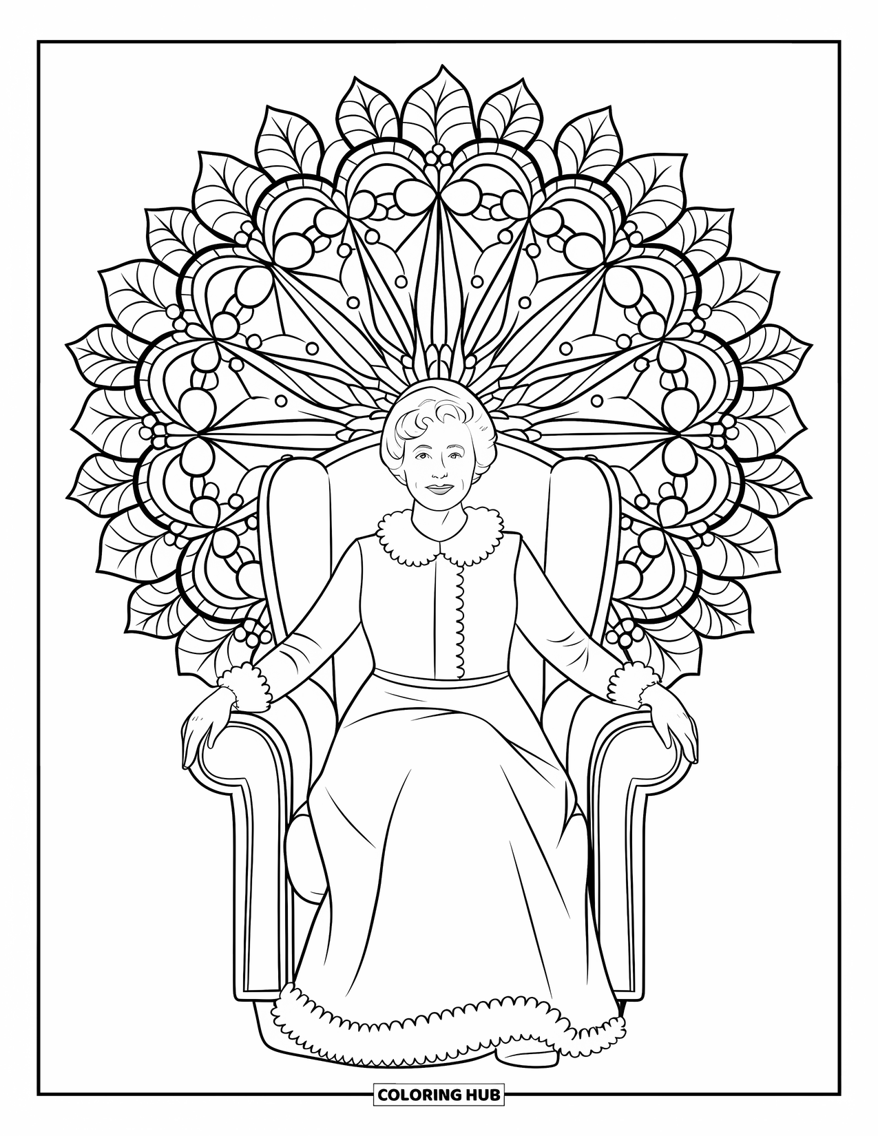 Mrs. Claus Coloring Page for Adults: Mrs. Claus smiles softly with festive florals at her back