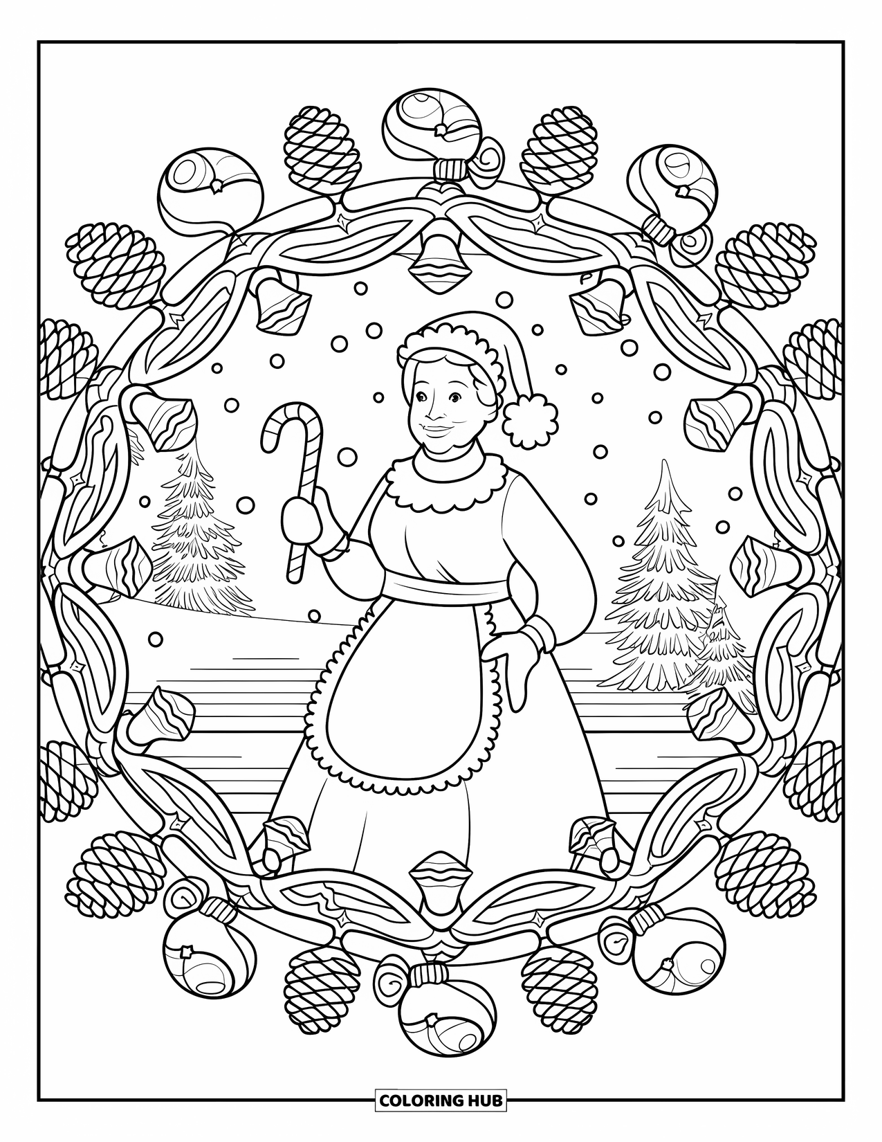 Mrs. Claus Coloring Page for Adults: Mrs. Claus stands in a pinecone wreath holding a candy cane