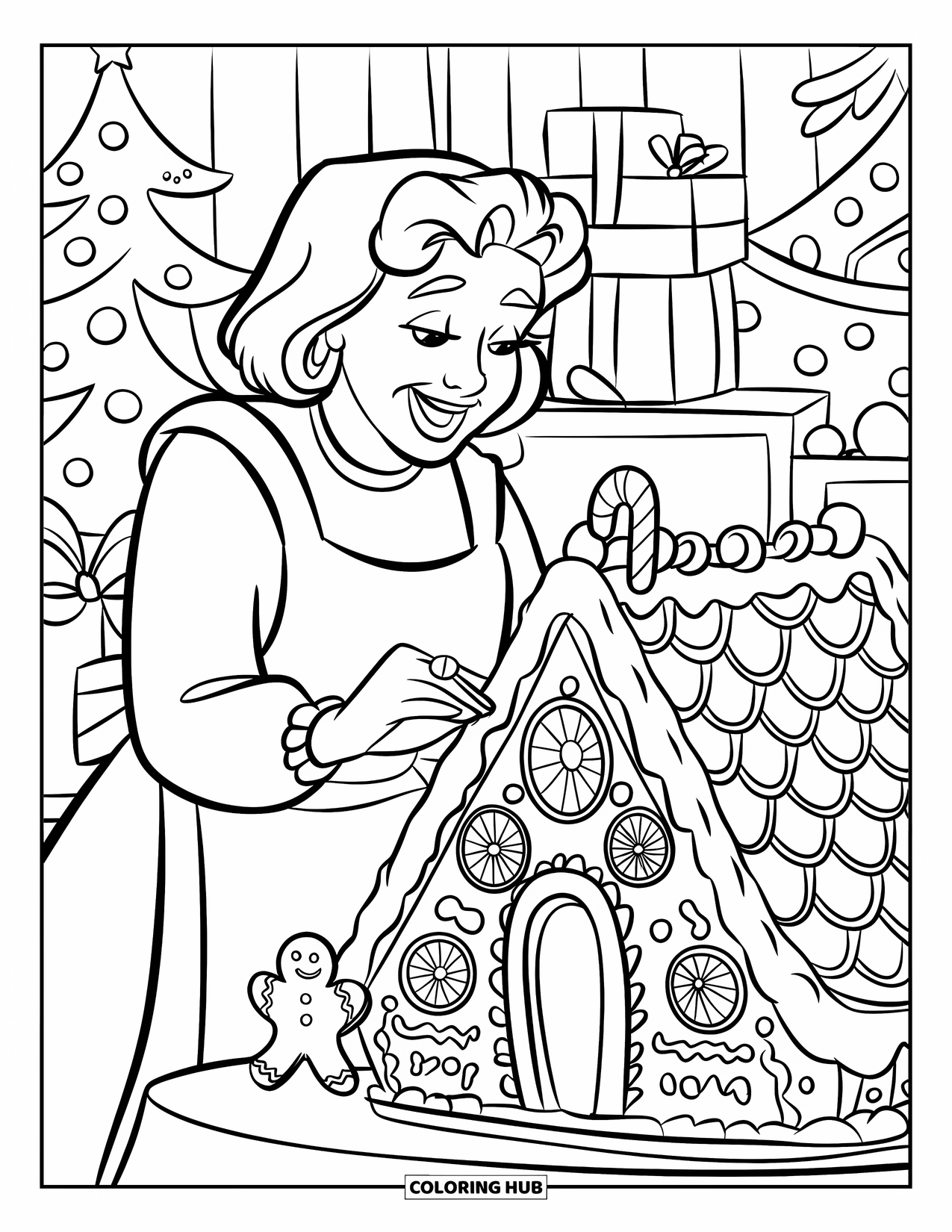 Mrs. Claus Coloring Page for Kids: Mrs. Claus adds candy to a gingerbread house