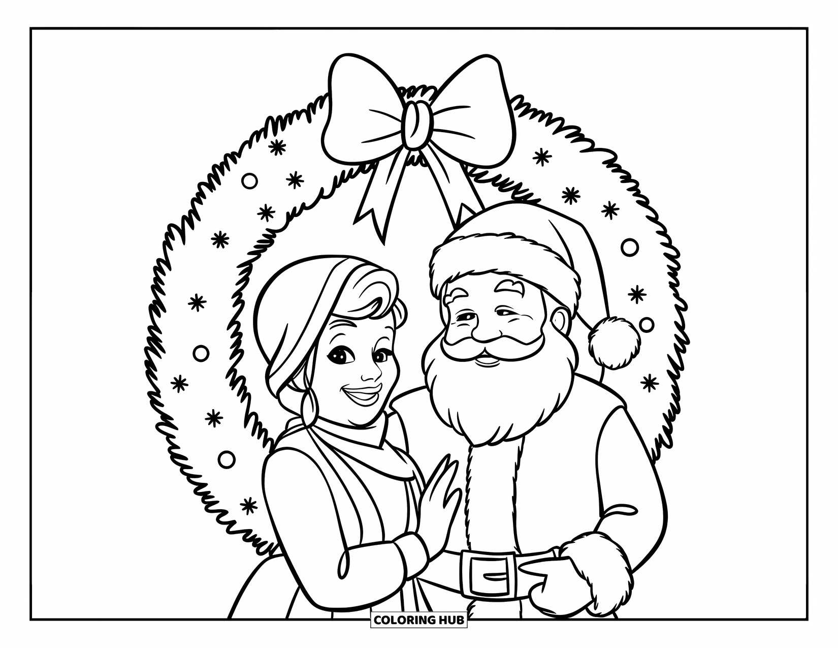 Mrs. Claus Coloring Page for Kids: Mrs. Claus and Santa pose together with a Christmas wreath