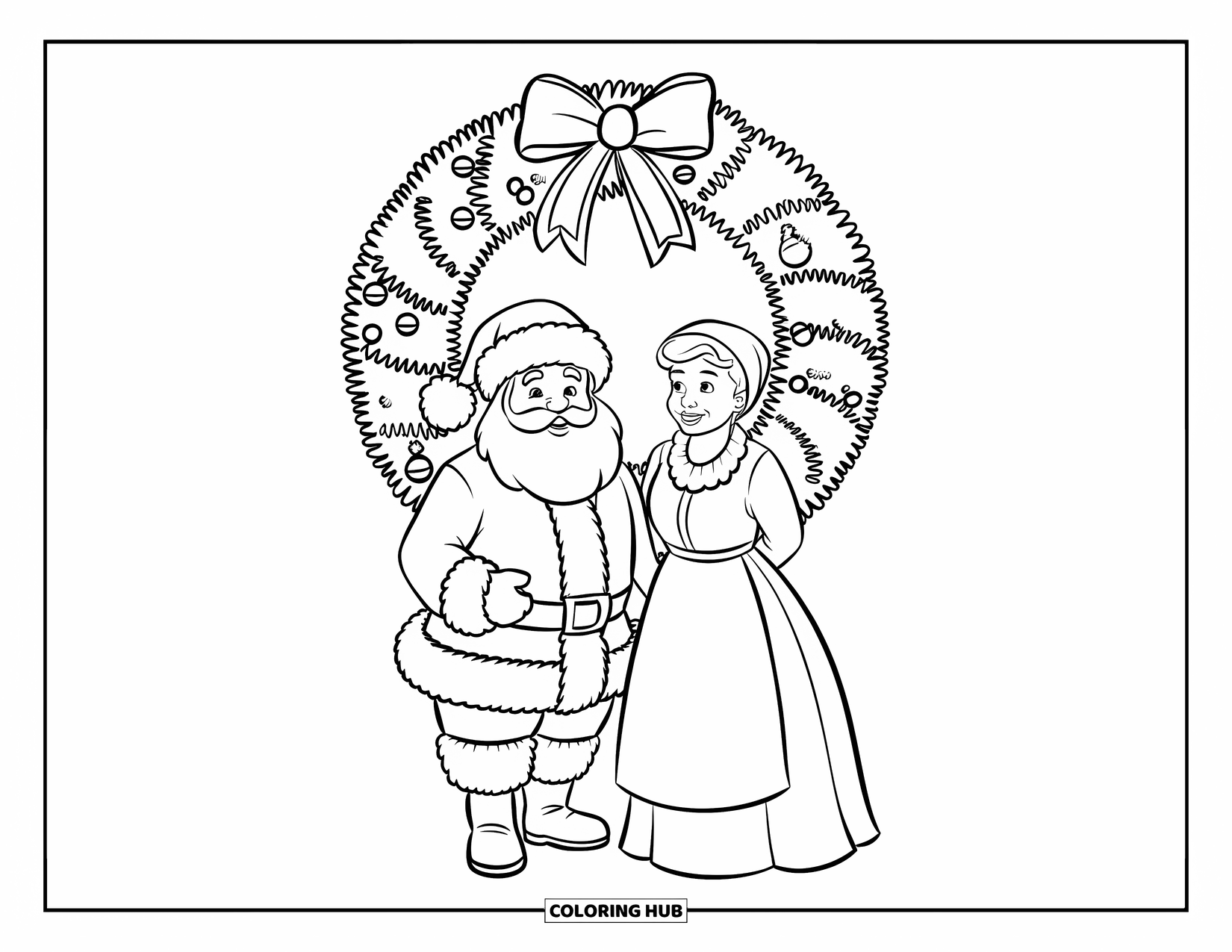 Mrs. Claus Coloring Page for Kids: Mrs. Claus and Santa smile near a holiday wreath