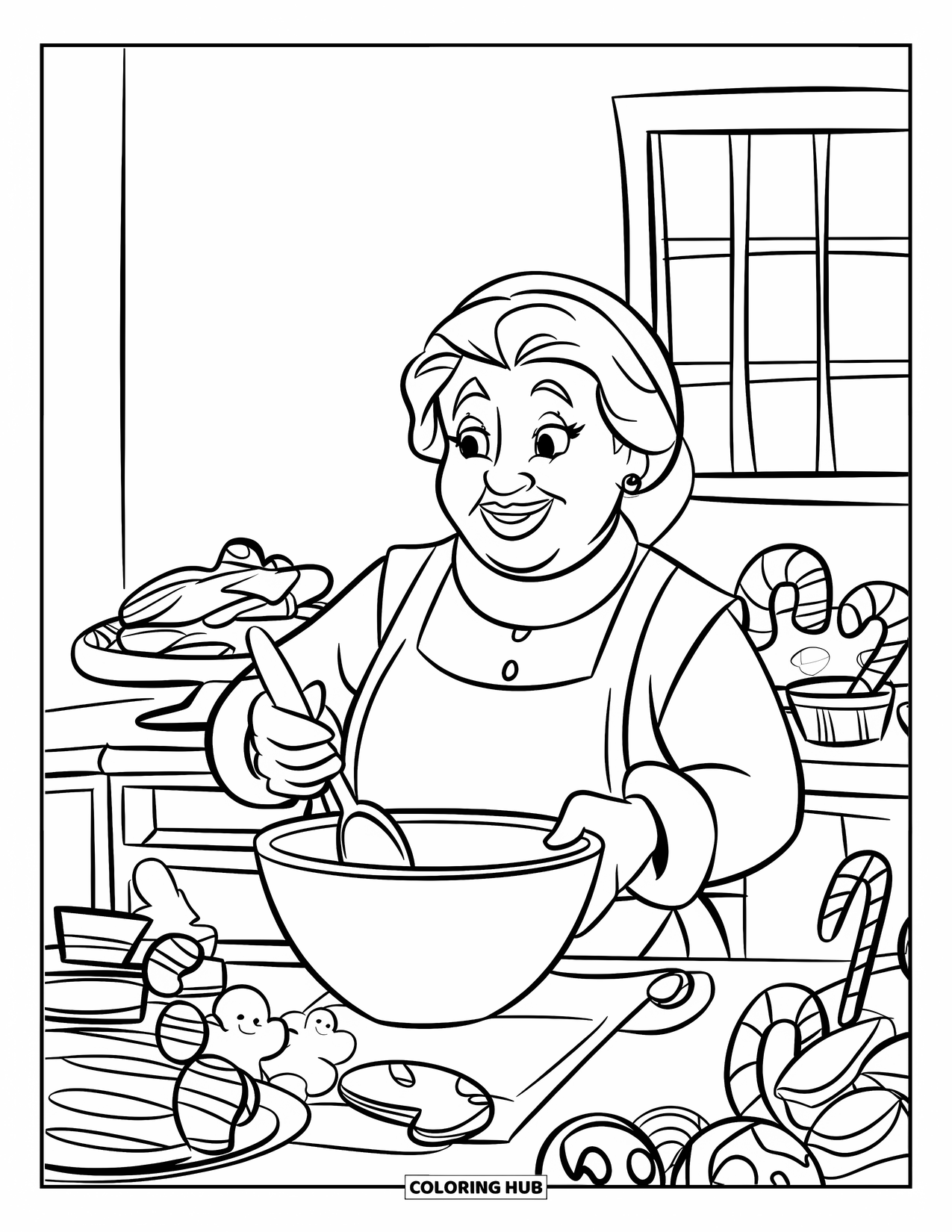 Mrs. Claus Coloring Page for Kids: Mrs. Claus bakes cookies in a kitchen full of treats
