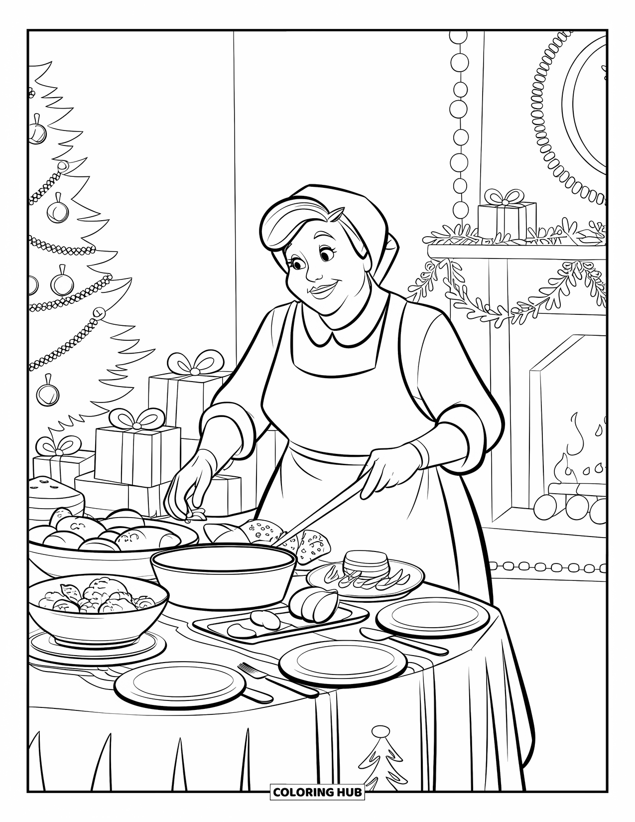 Mrs. Claus Coloring Page for Kids: Mrs. Claus cooks a festive meal in a cozy kitchen