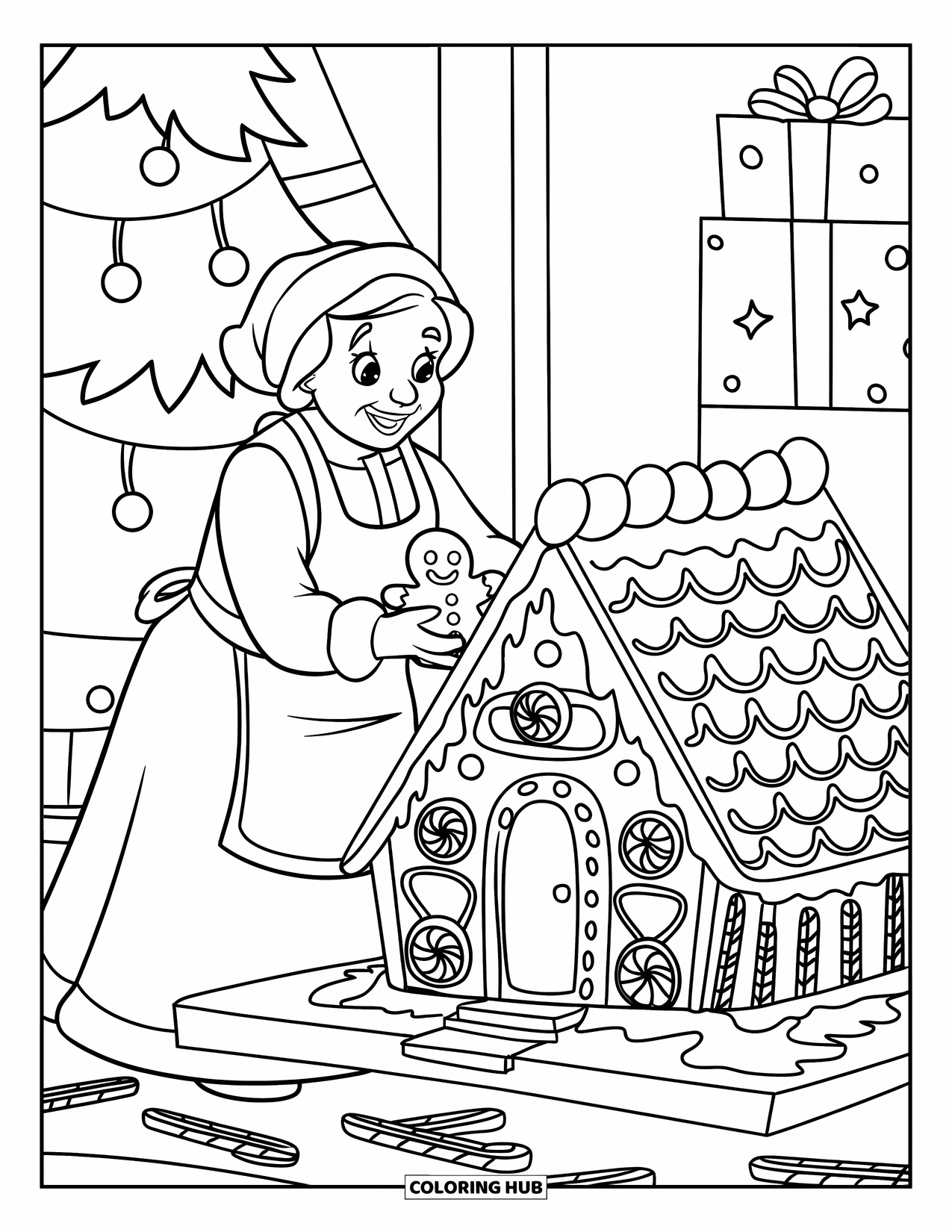 Mrs. Claus Coloring Page for Kids: Mrs. Claus decorates a gingerbread house with sweet treats