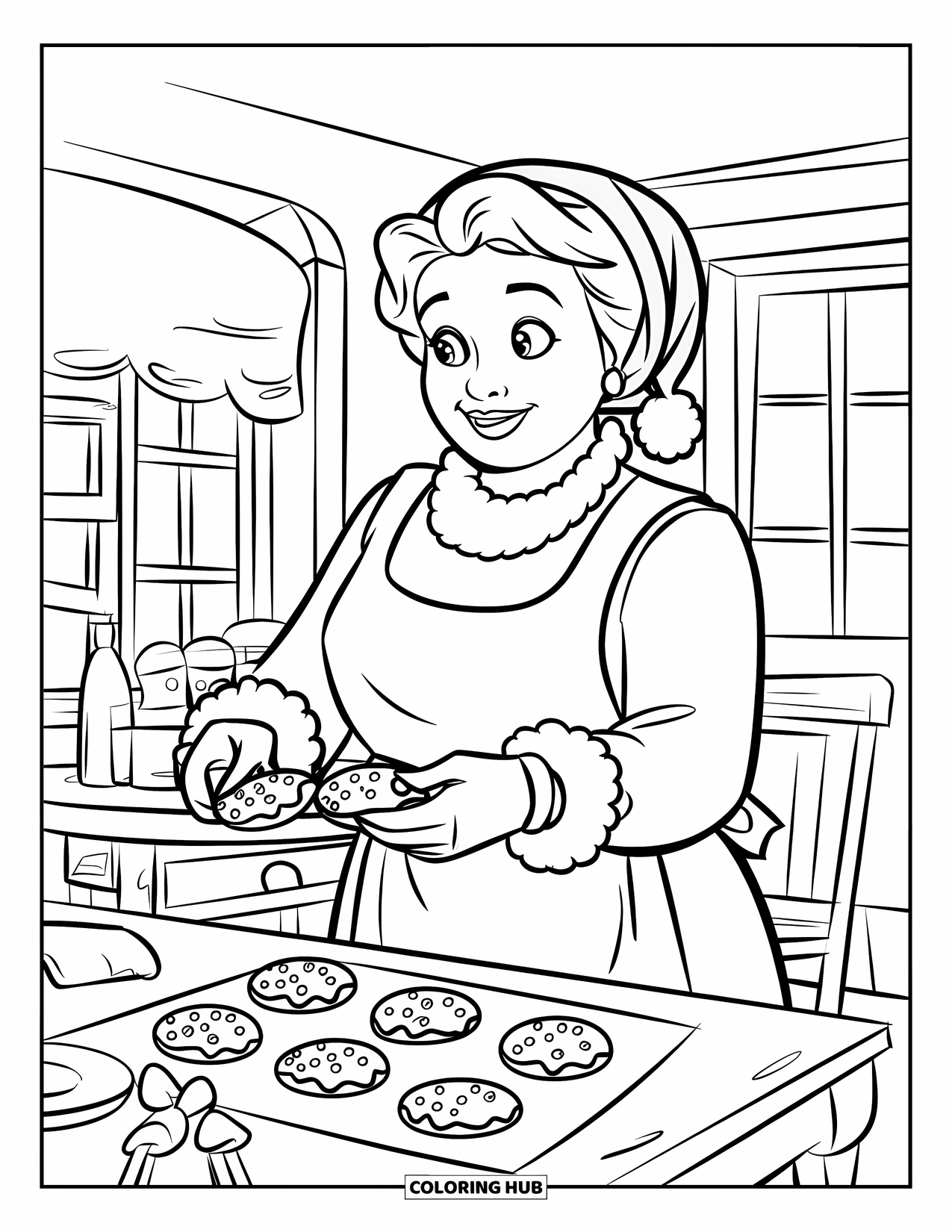 Mrs. Claus Coloring Page for Kids: Mrs. Claus decorates cookies with icing and sprinkles