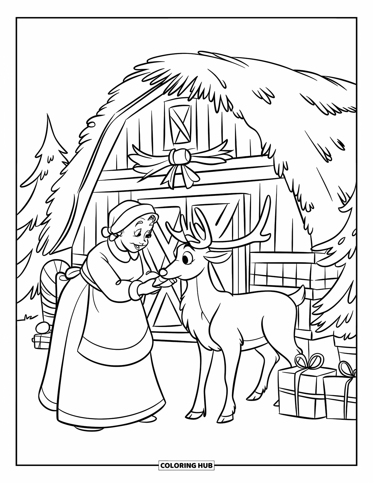 Mrs. Claus Coloring Page for Kids: Mrs. Claus gives a treat to a hungry reindeer