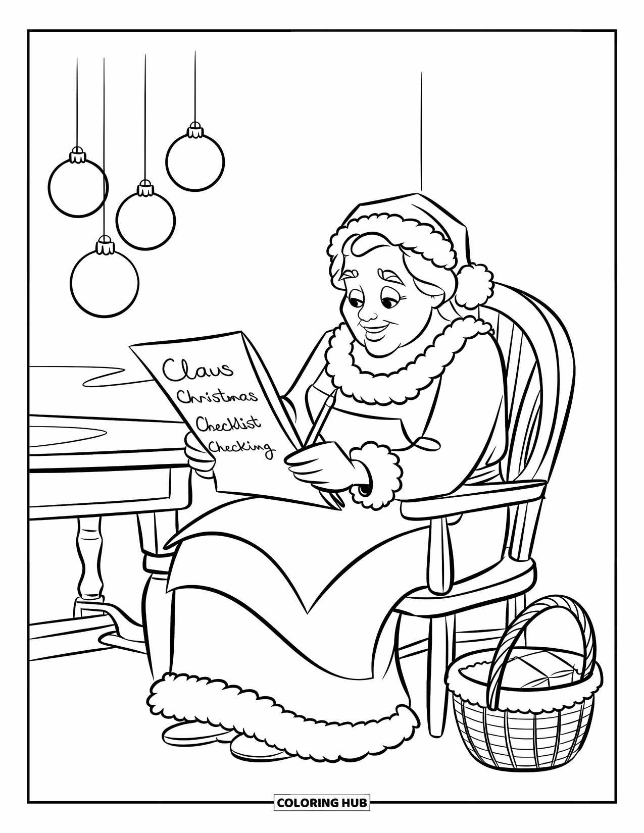 Mrs. Claus Coloring Page for Kids: Mrs. Claus goes over her notes for the big night