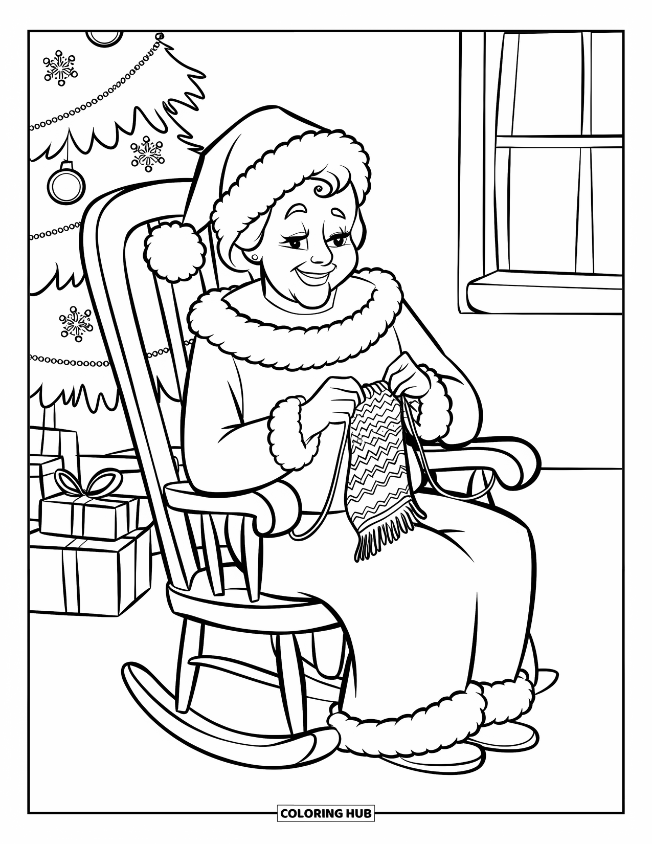 Mrs. Claus Coloring Page for Kids: Mrs. Claus knits a scarf by a glowing window