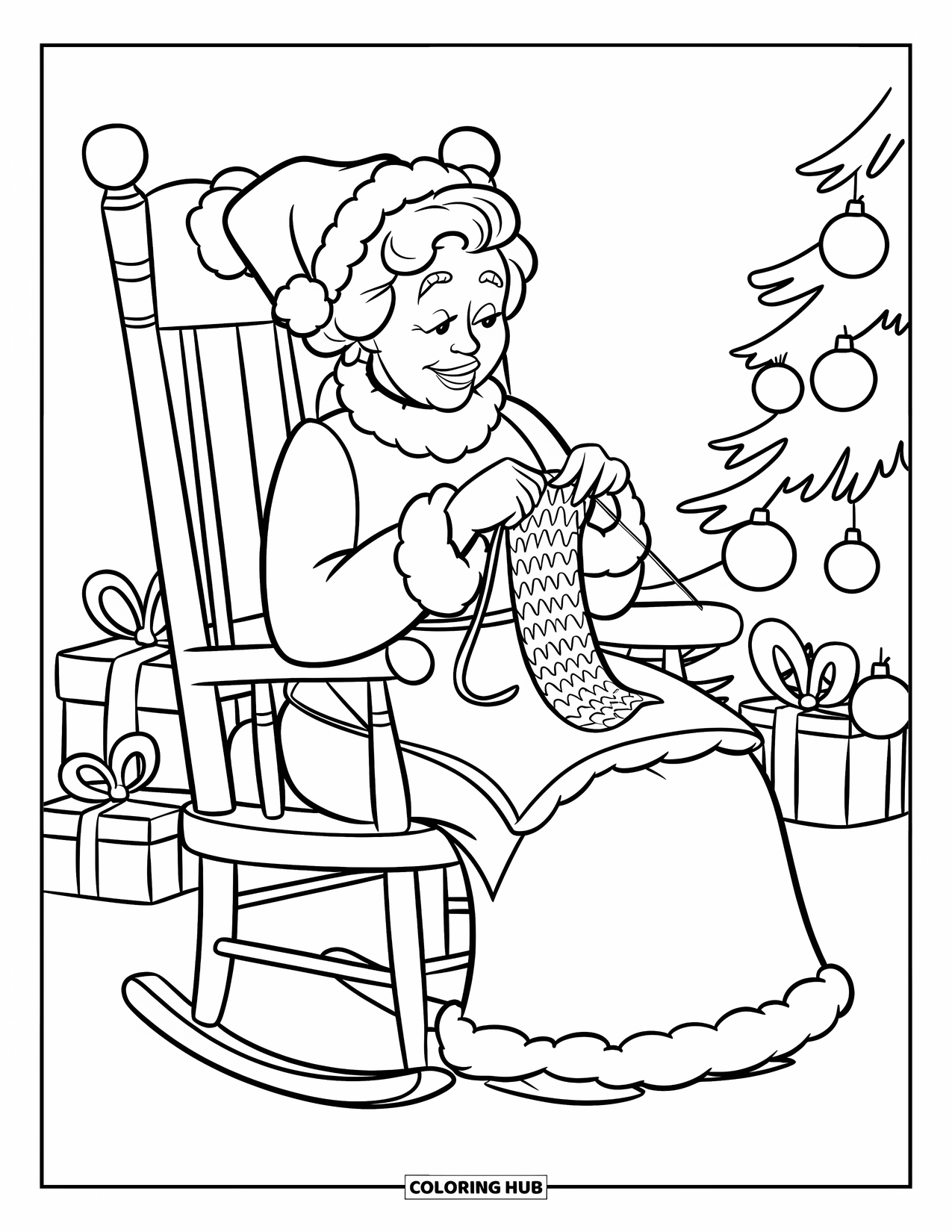 Mrs. Claus Coloring Page for Kids: Mrs. Claus knits a scarf in a cozy rocking chair