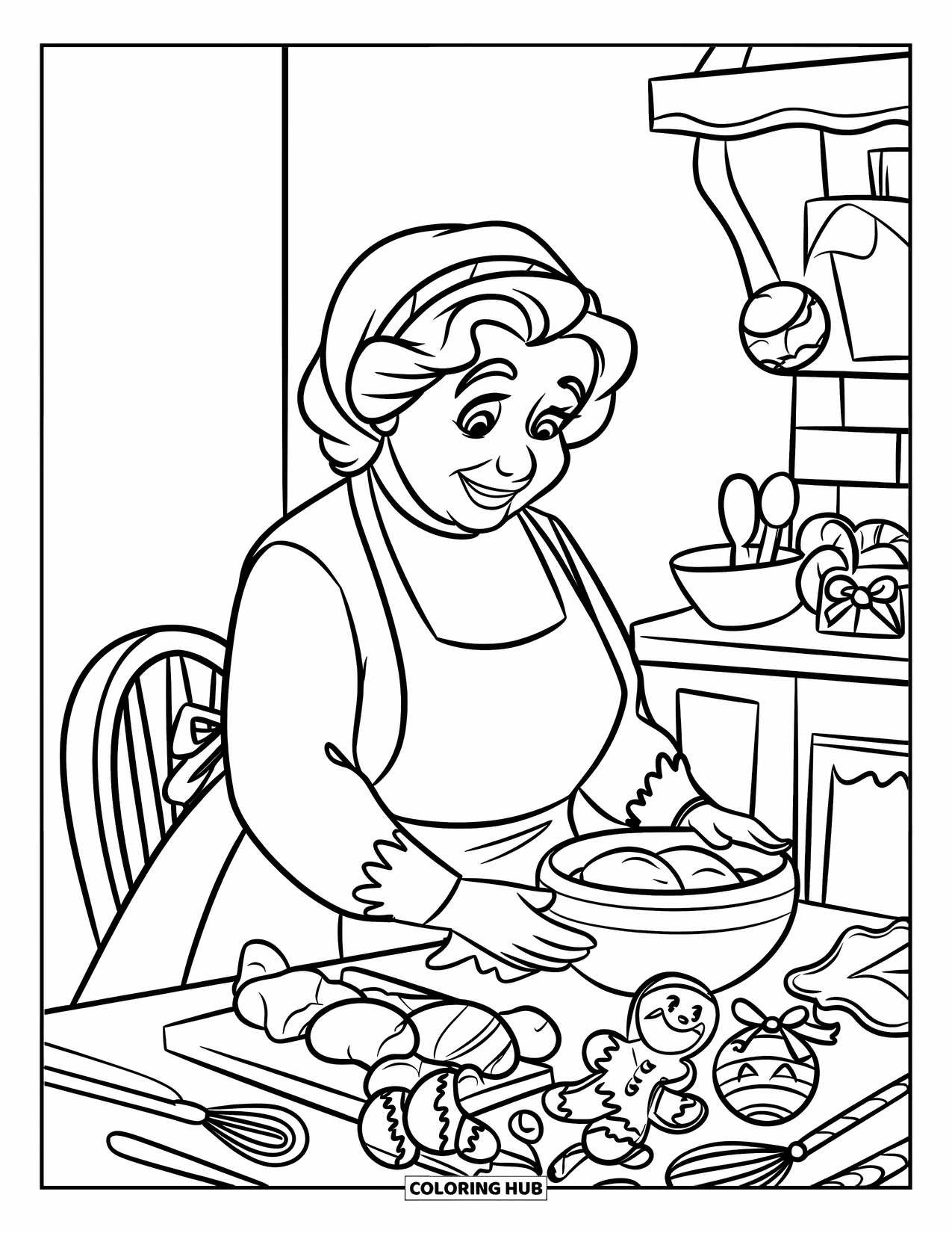 Mrs. Claus Coloring Page for Kids: Mrs. Claus mixes dough for cookies with Christmas cheer