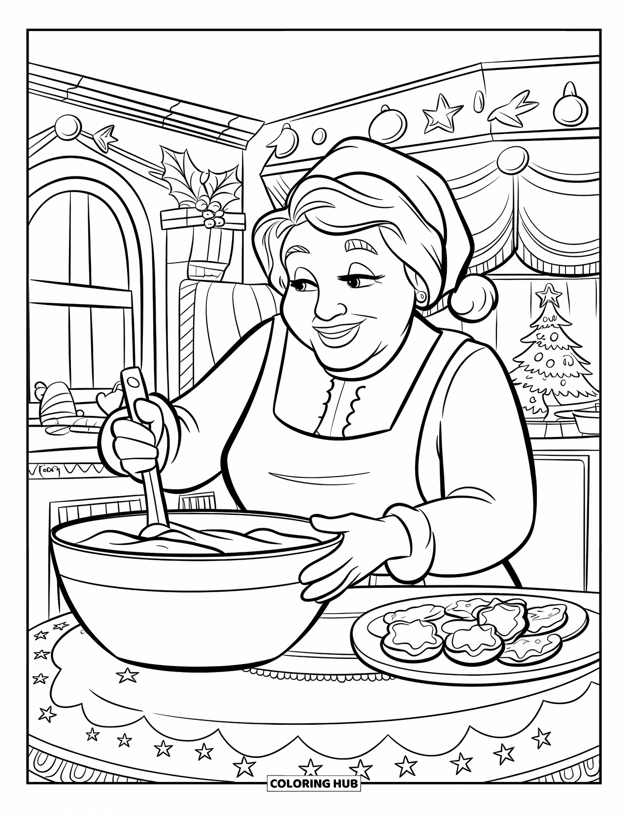 Mrs. Claus Coloring Page for Kids: Mrs. Claus mixes ingredients in her cheerful kitchen