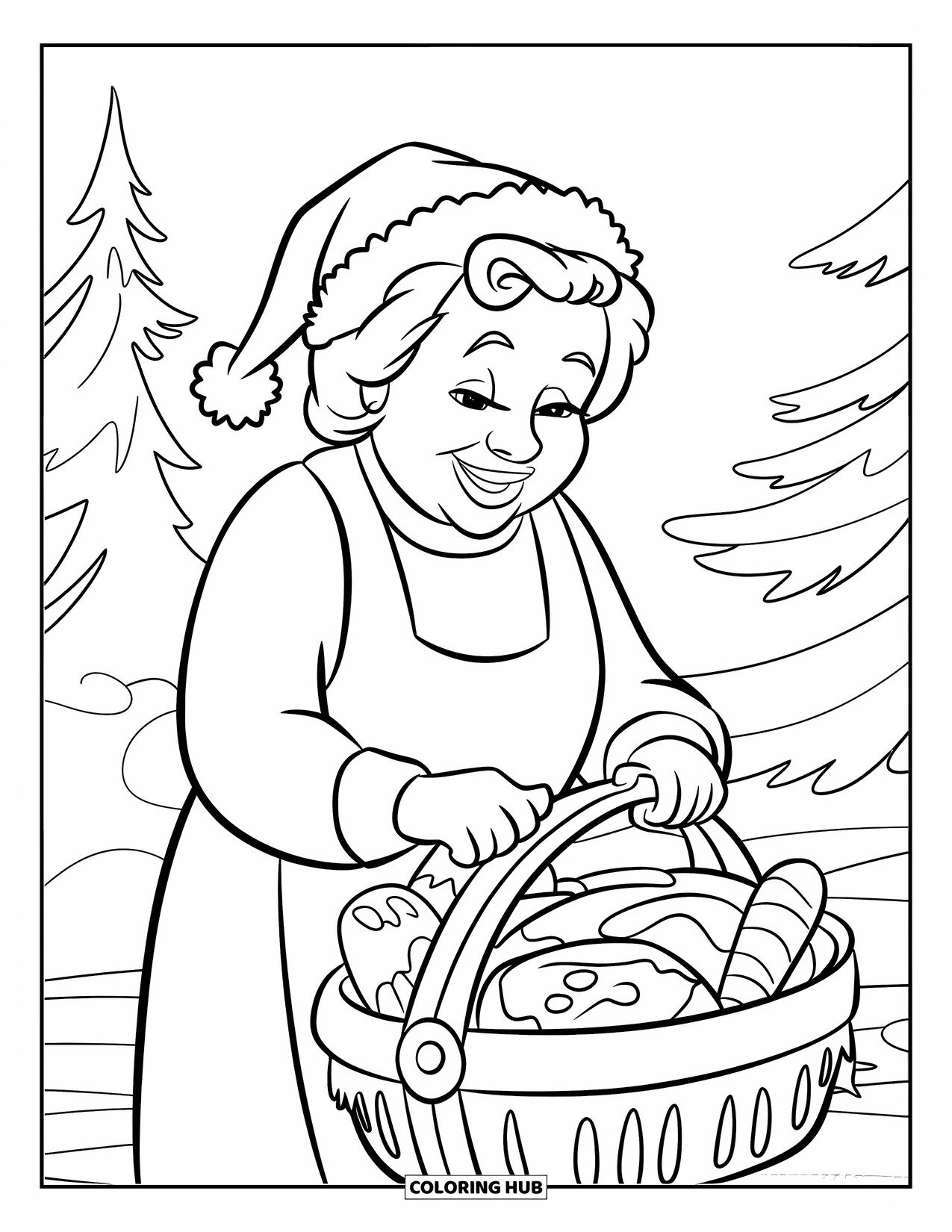 Mrs. Claus Coloring Page for Kids: Mrs. Claus packs treats into a basket for Christmas delivery