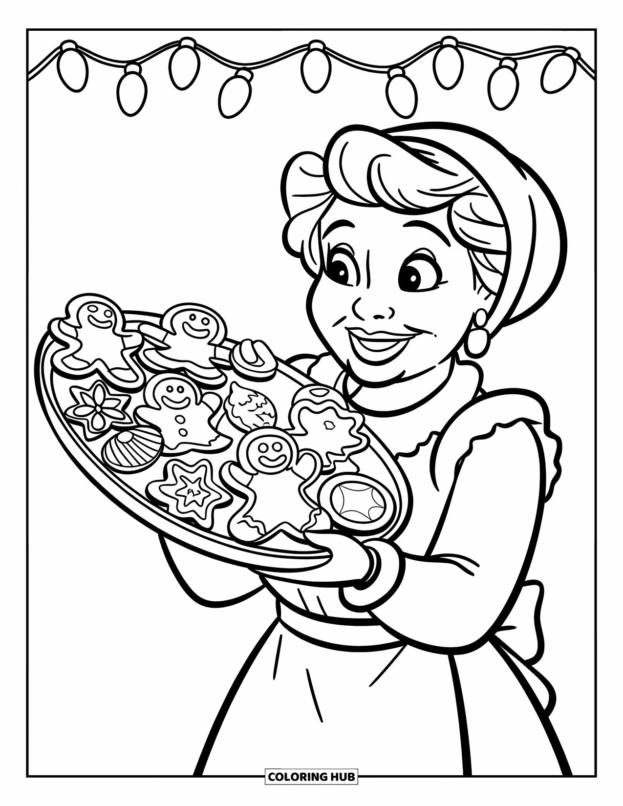 Mrs. Claus Coloring Page for Kids: Mrs. Claus proudly holds cookies fresh from the oven